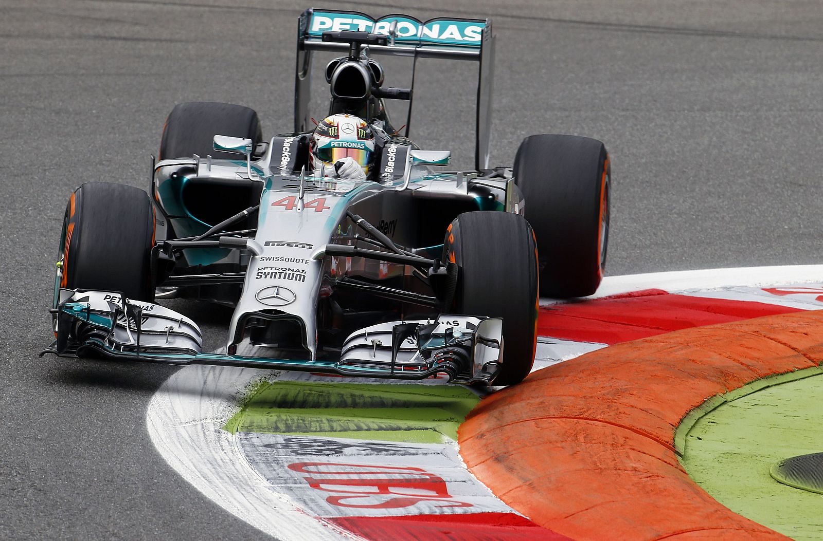 Mercedes Formula One driver Hamilton of Britain steers his car during the first practice session of the Italian F1 Grand Prix in Monza