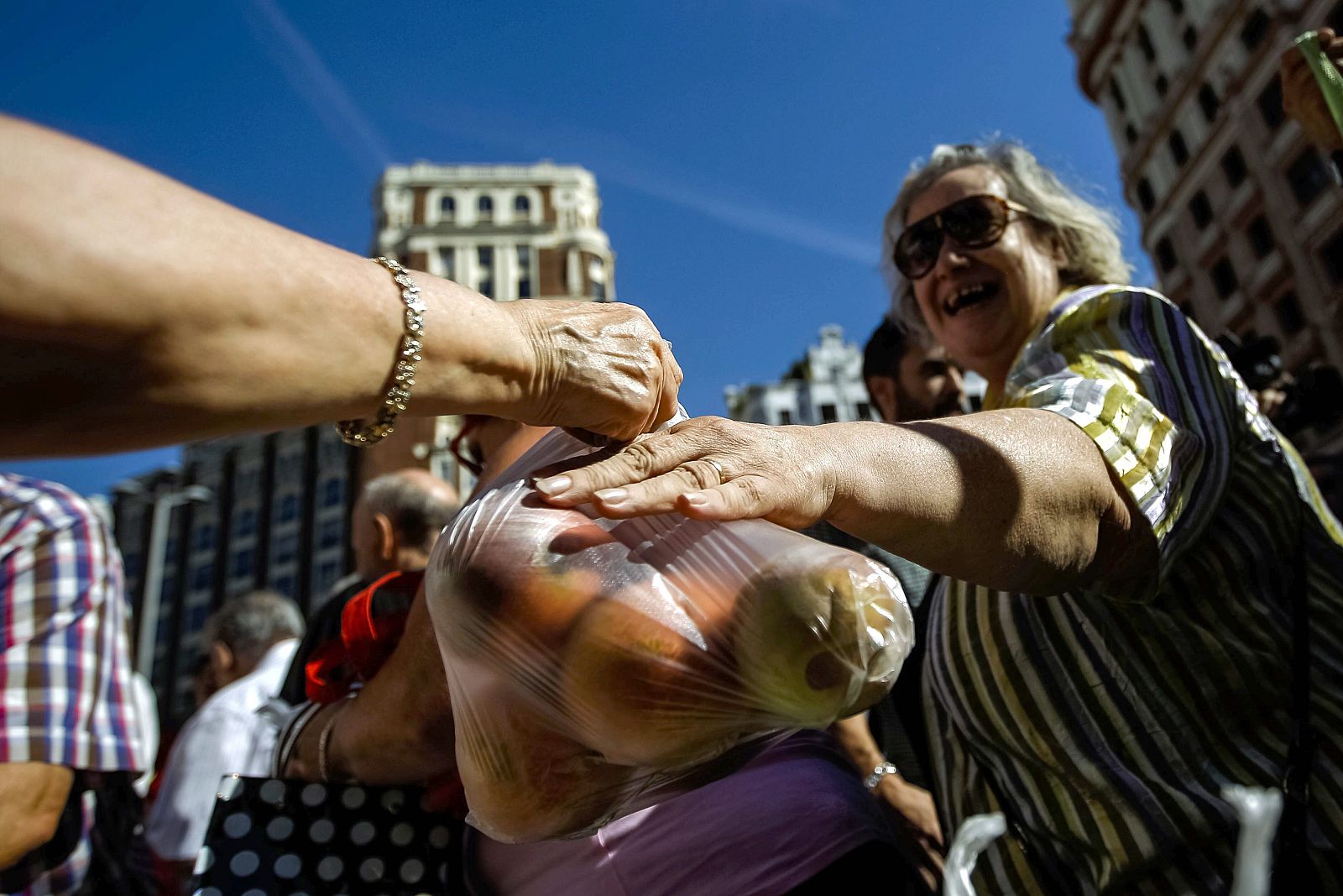 Los agricultores y ganaderos, representados por las Cooperativas Agroalimentarias y las organizaciones Asaja, Coag y UPA, protestan en el centro de Madrid contra el veto ruso a los productos de la UE