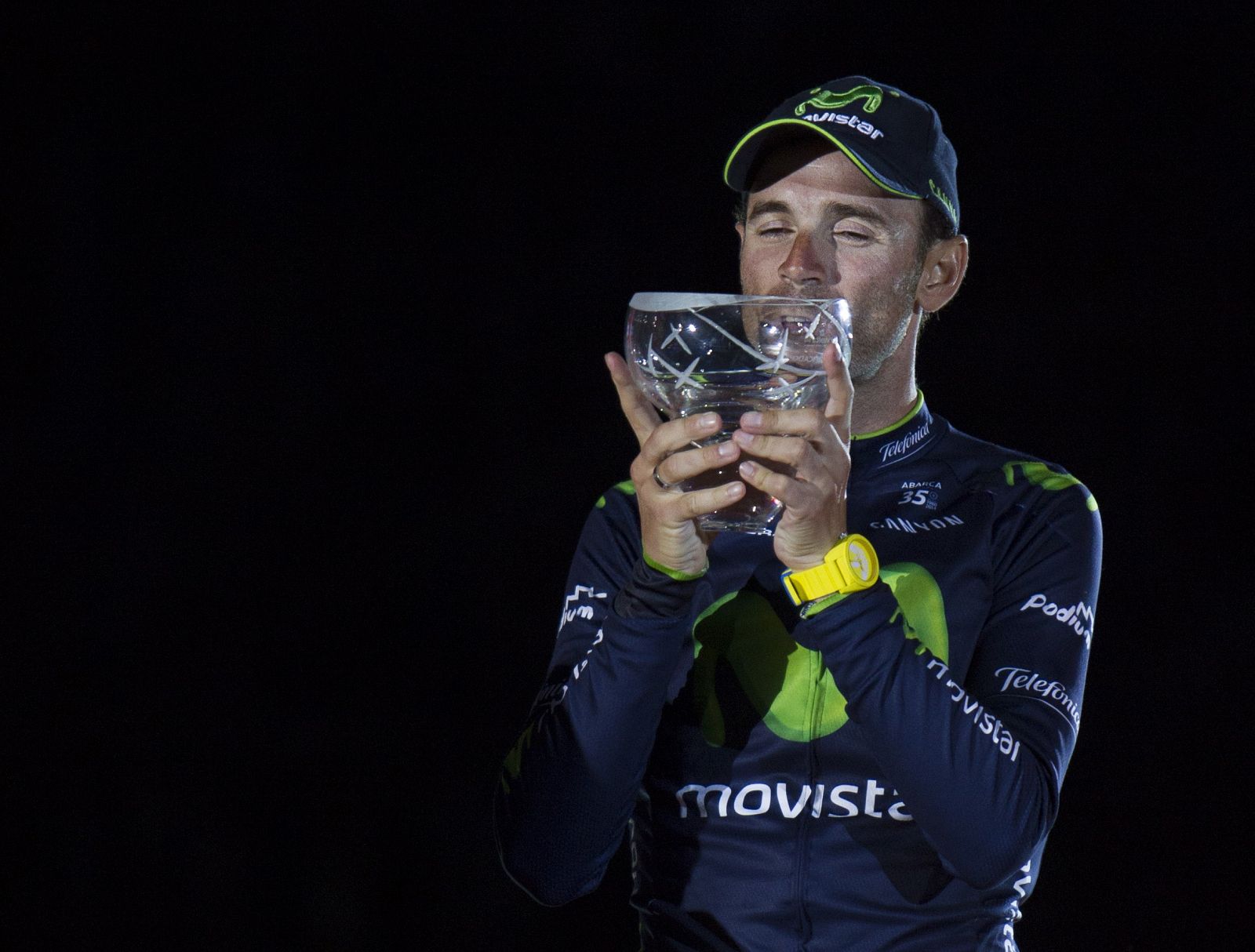 Imagen de Alejandro Valverde en el podio de Santiago de Compostela.