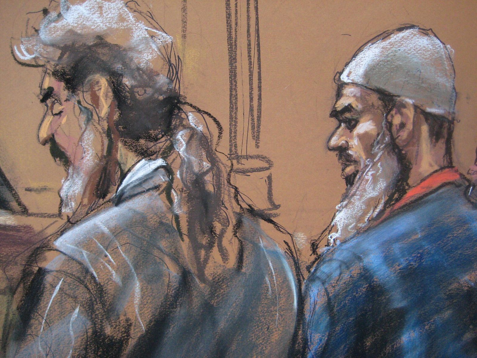 Courtroom sketch of Abu Ghaith, lawyer Cohen  in New York