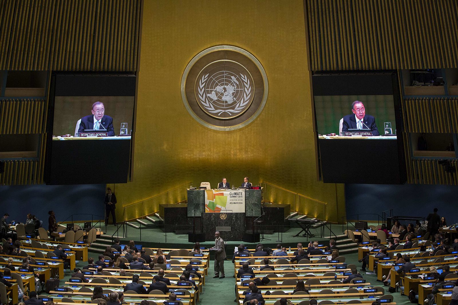 United Nations Secretary General Ban speaks during the closing of the Climate Summit at United Nations headquarters in New York