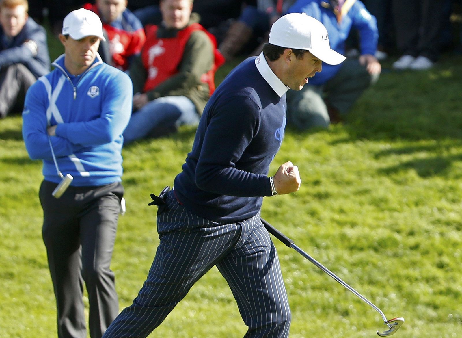El estadounidense Keegan Bradley celebra un punto en la Ryder