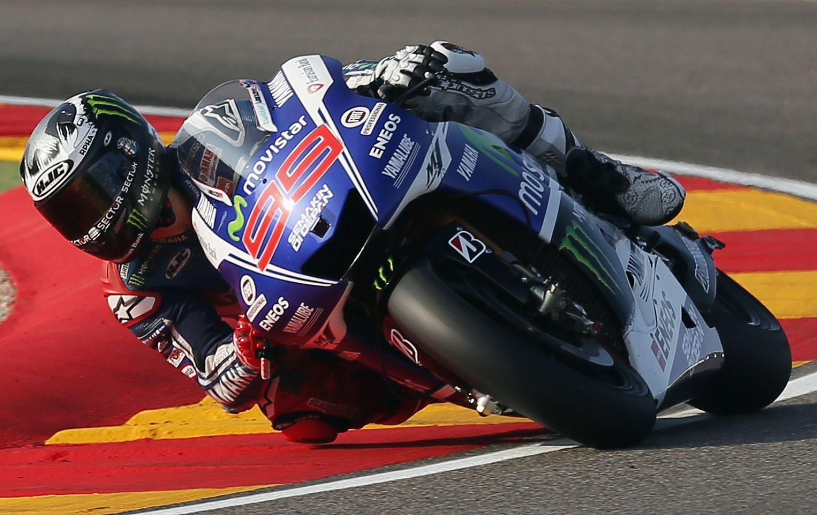 Yamaha MotoGP rider Jorge Lorenzo of Spain takes a curve during the third free practice of the Aragon Motorcycling Grand Prix at Motorland race track in Alcaniz