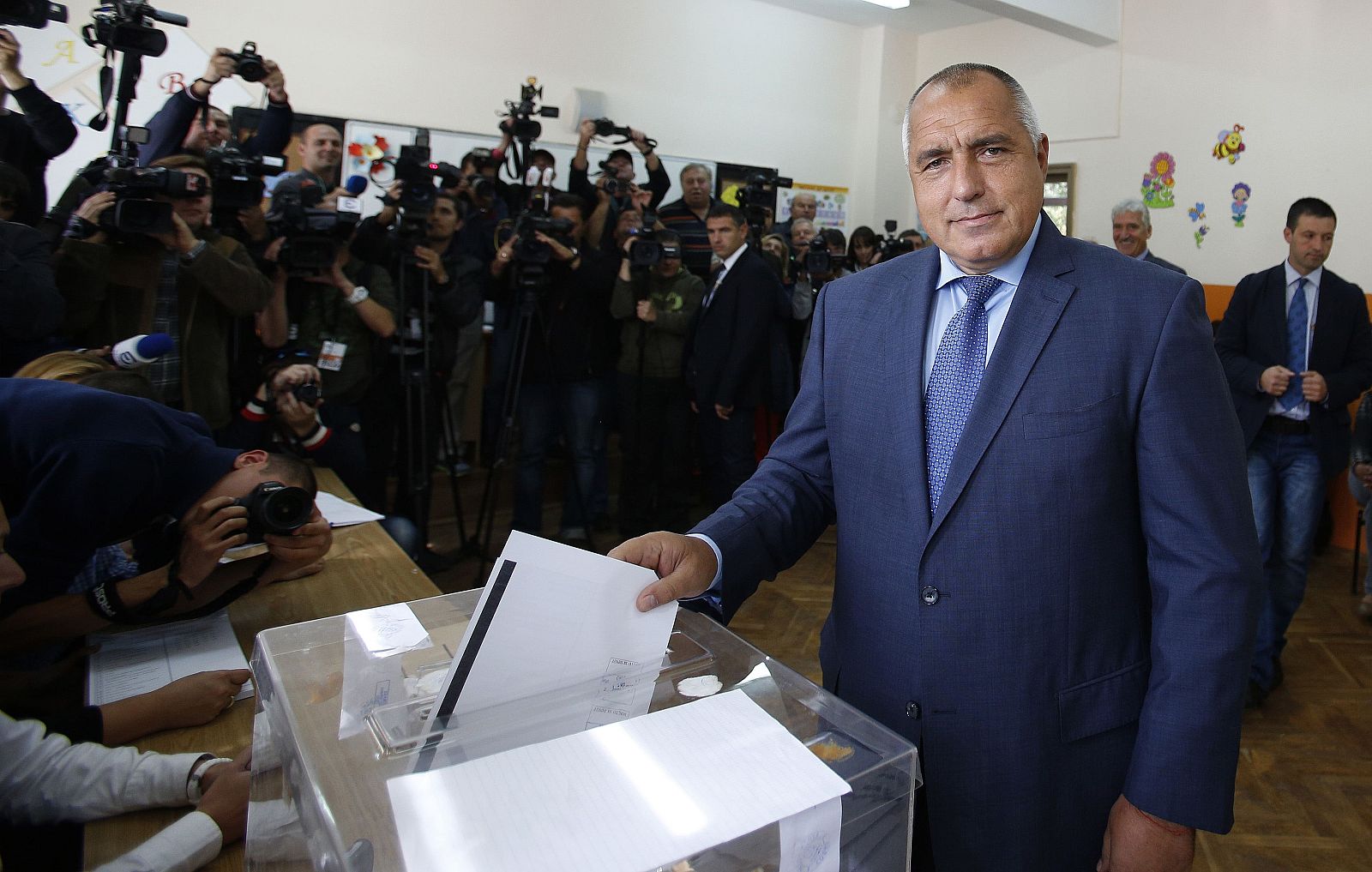 Boiko Borisov, leader of Bulgaria's centre right GERB party, casts his vote in Sofia