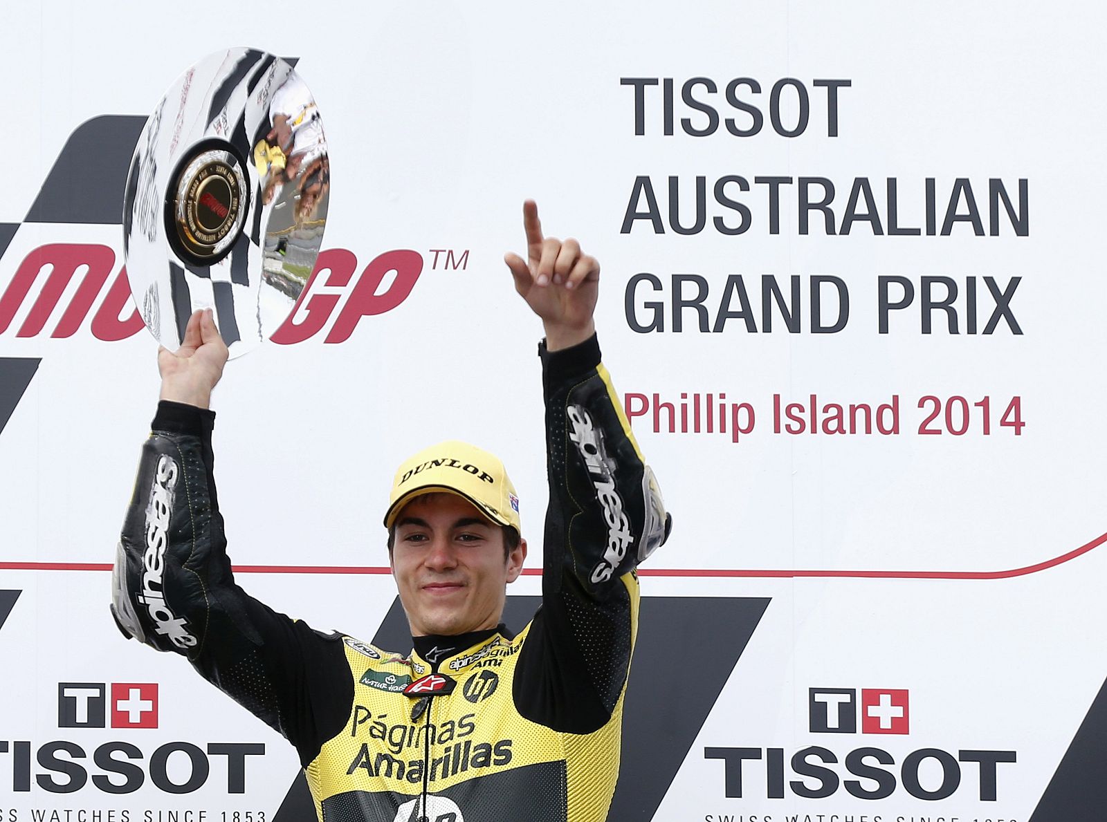 Kalex Moto2 rider Maverick Vinales of Spain holds up his trophy after winning the Australian Moto2 Grand Prix on Phillip Island