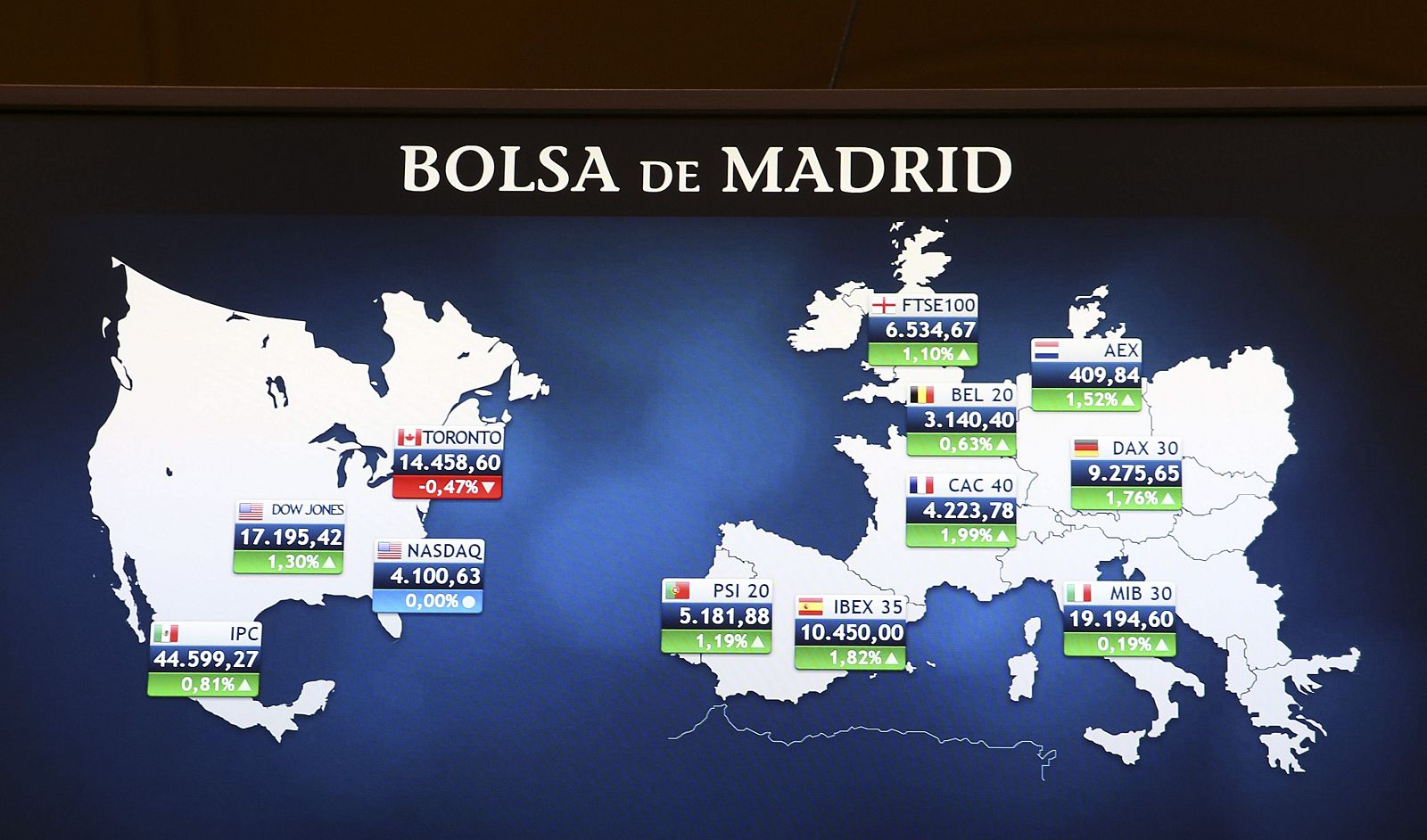 Monitor en la Bolsa de Madrid que muestra la cotización de varios índices europeos