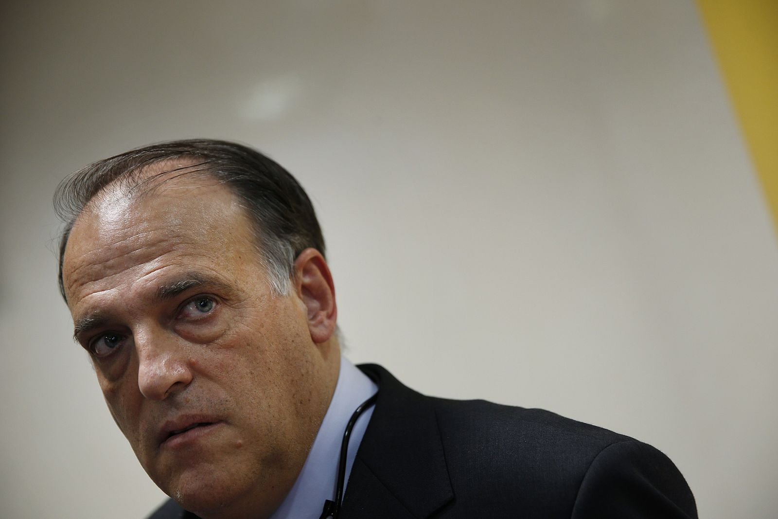 Javier Tebas, President of the Spanish Football Federation, arrives for a news conference after taking part in a government anti-violence commission meeting in Madrid
