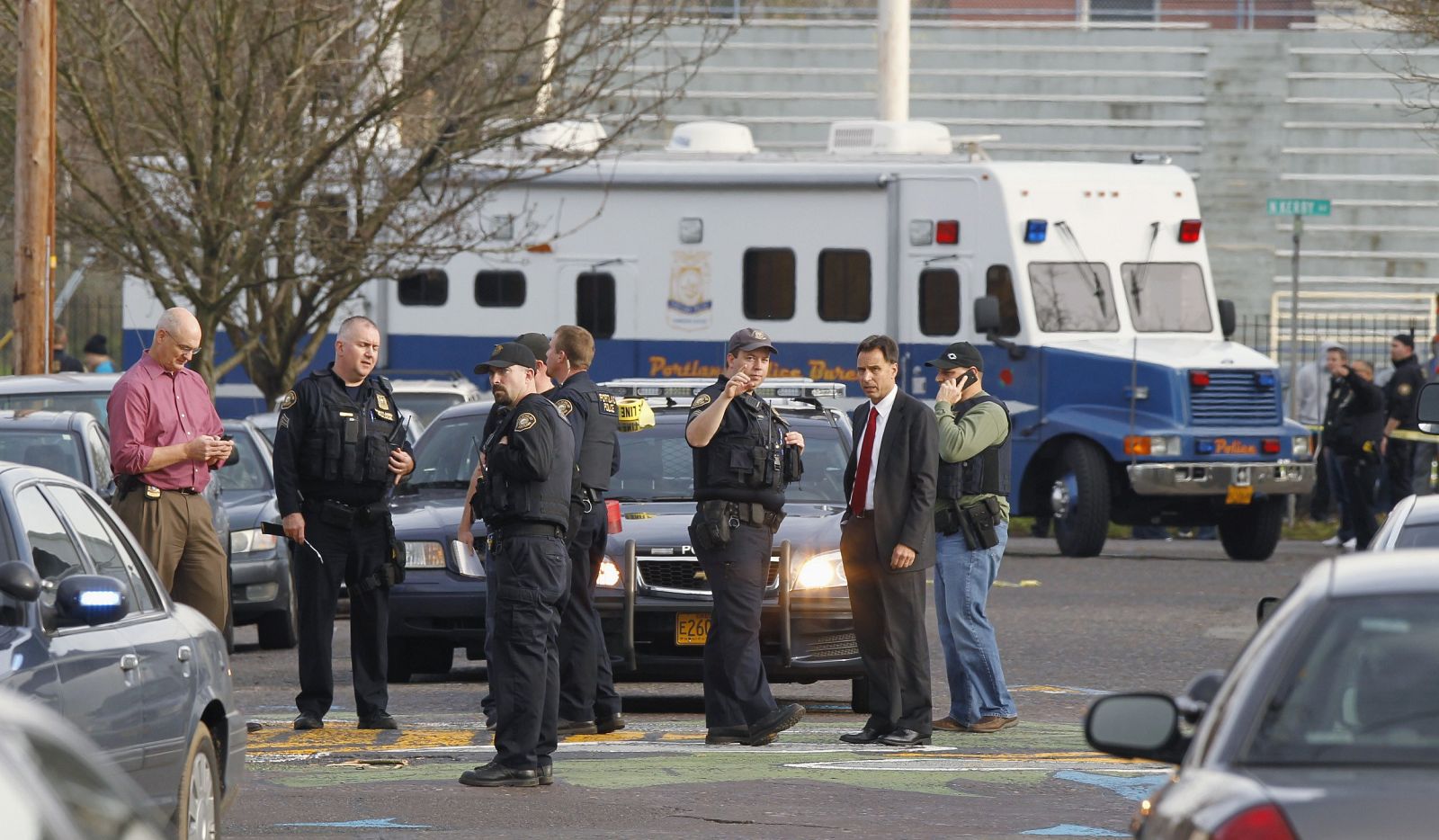 Police investigate outside the Rosemary Anderson High School in Portland, Oregon