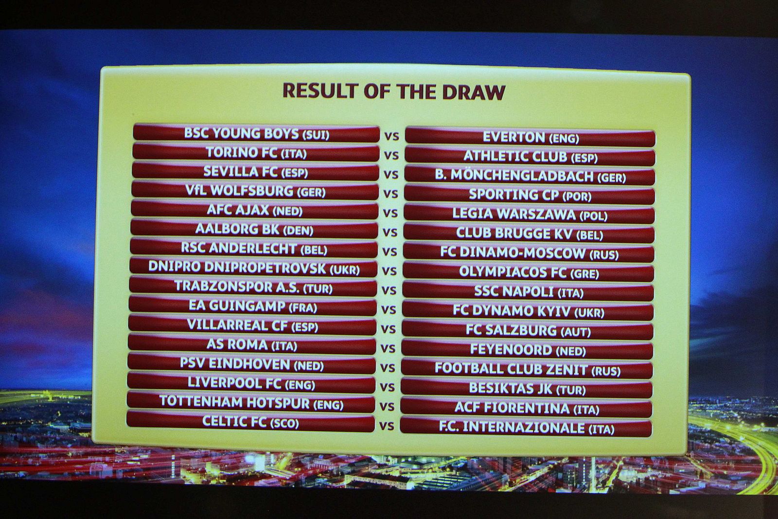 A screen shows the results of the draw for the Europa League round of 32 soccer matches at the UEFA headquarters in Nyon