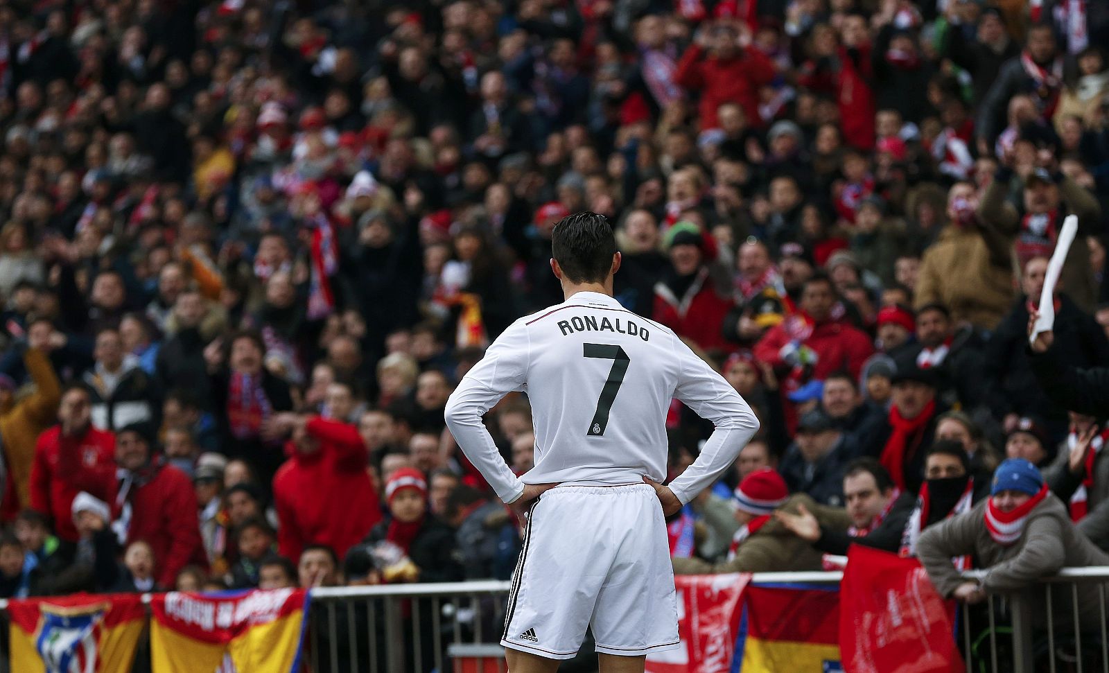 Real Madrid's Cristiano Ronaldo reacts during their Spanish first division soccer match against Atletico Madrid in Madrid