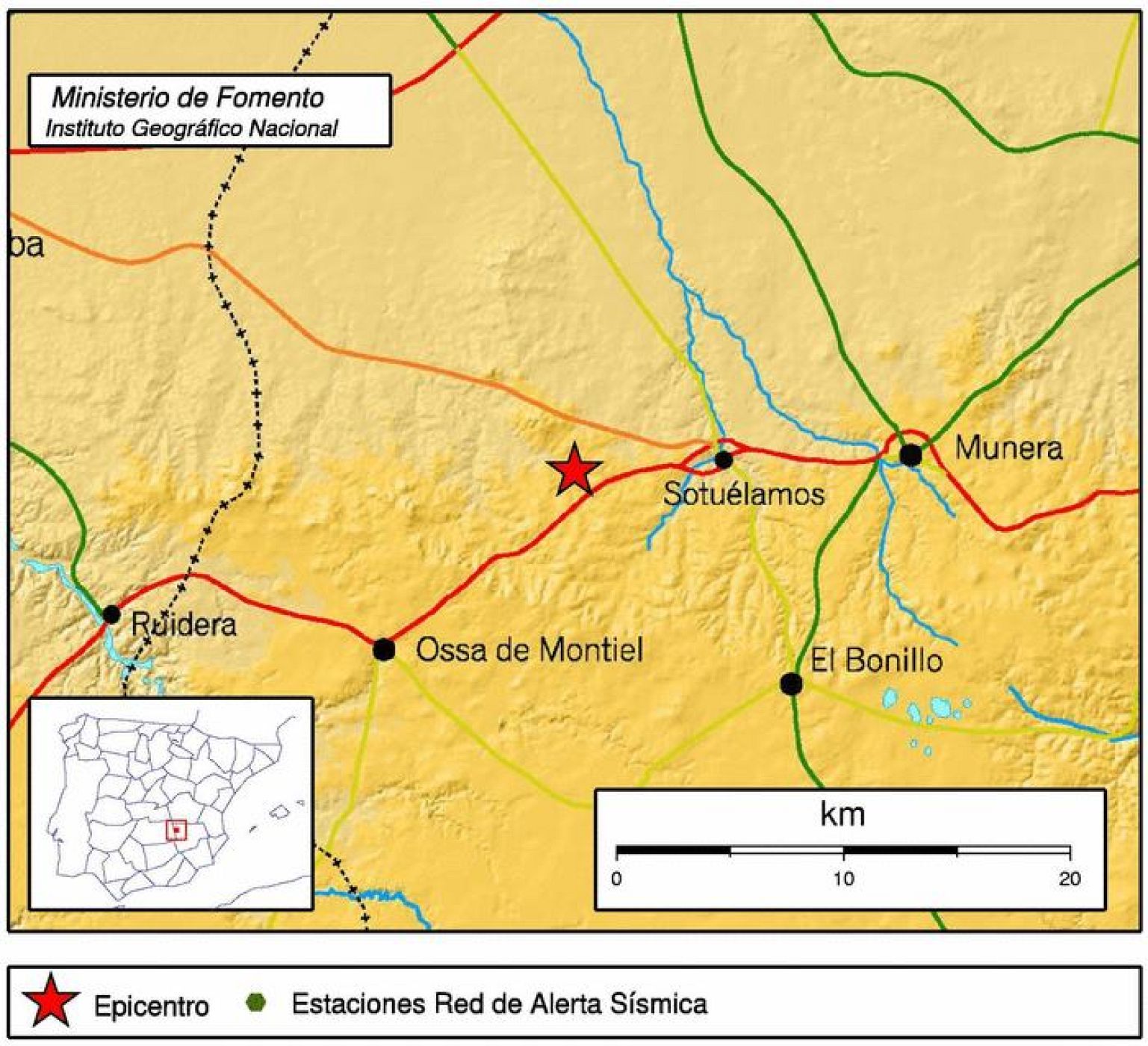 Mapa de la zona epicentral de un terremoto de intensidad 5,2 con epicentro en Albacete