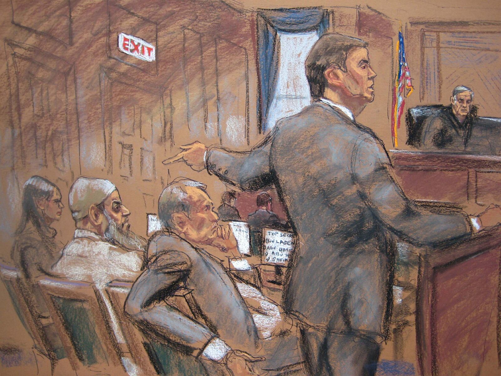 A courtroom sketch shows Khalid al-Fawwaz, a 52-year-old Saudi national, during closing arguments of his trial in the New York Federal Court