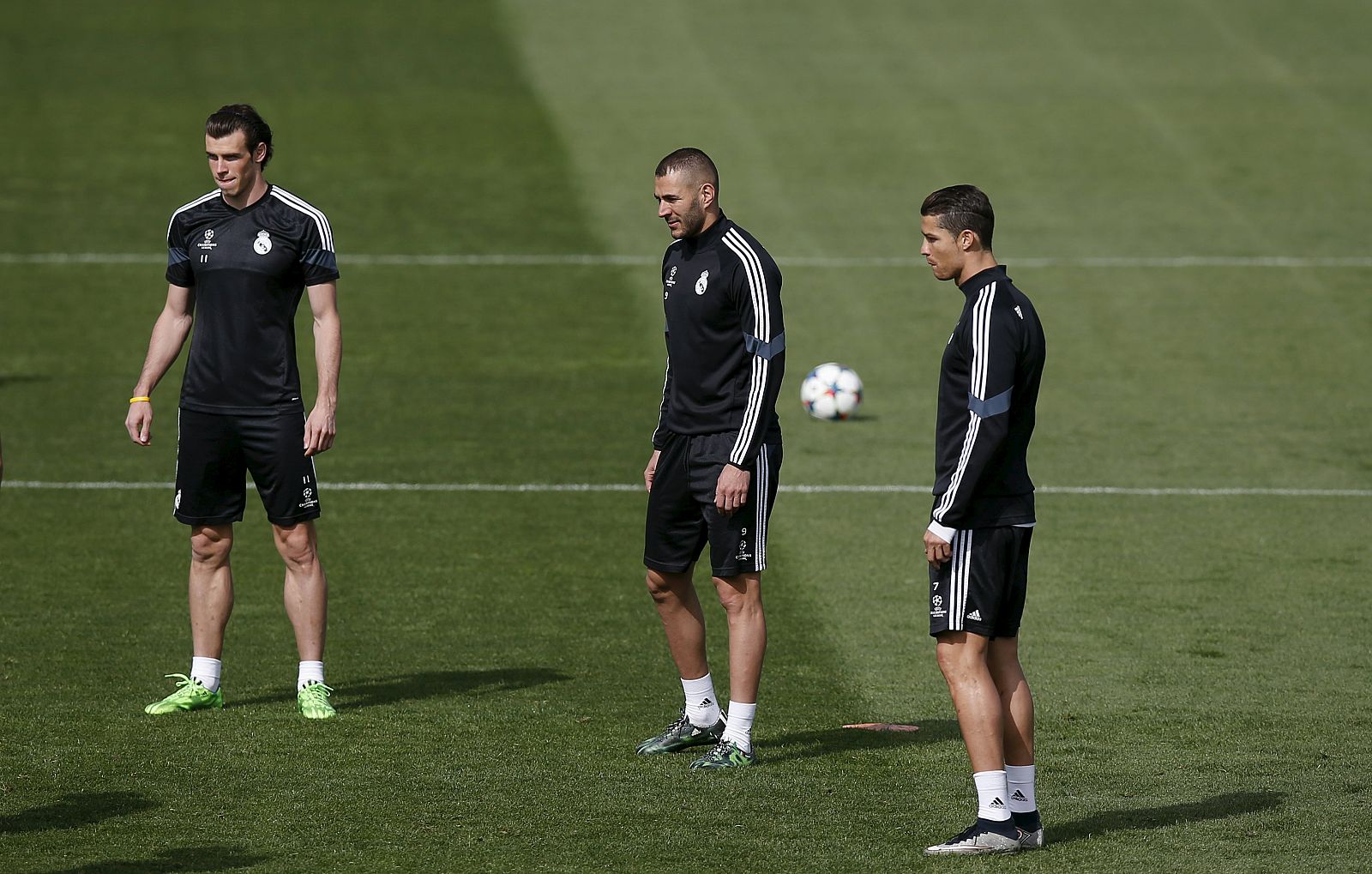 Real Madrid's Bale, Benzema and Ronaldo attend a training session at Valdebebas sports grounds in Madrid