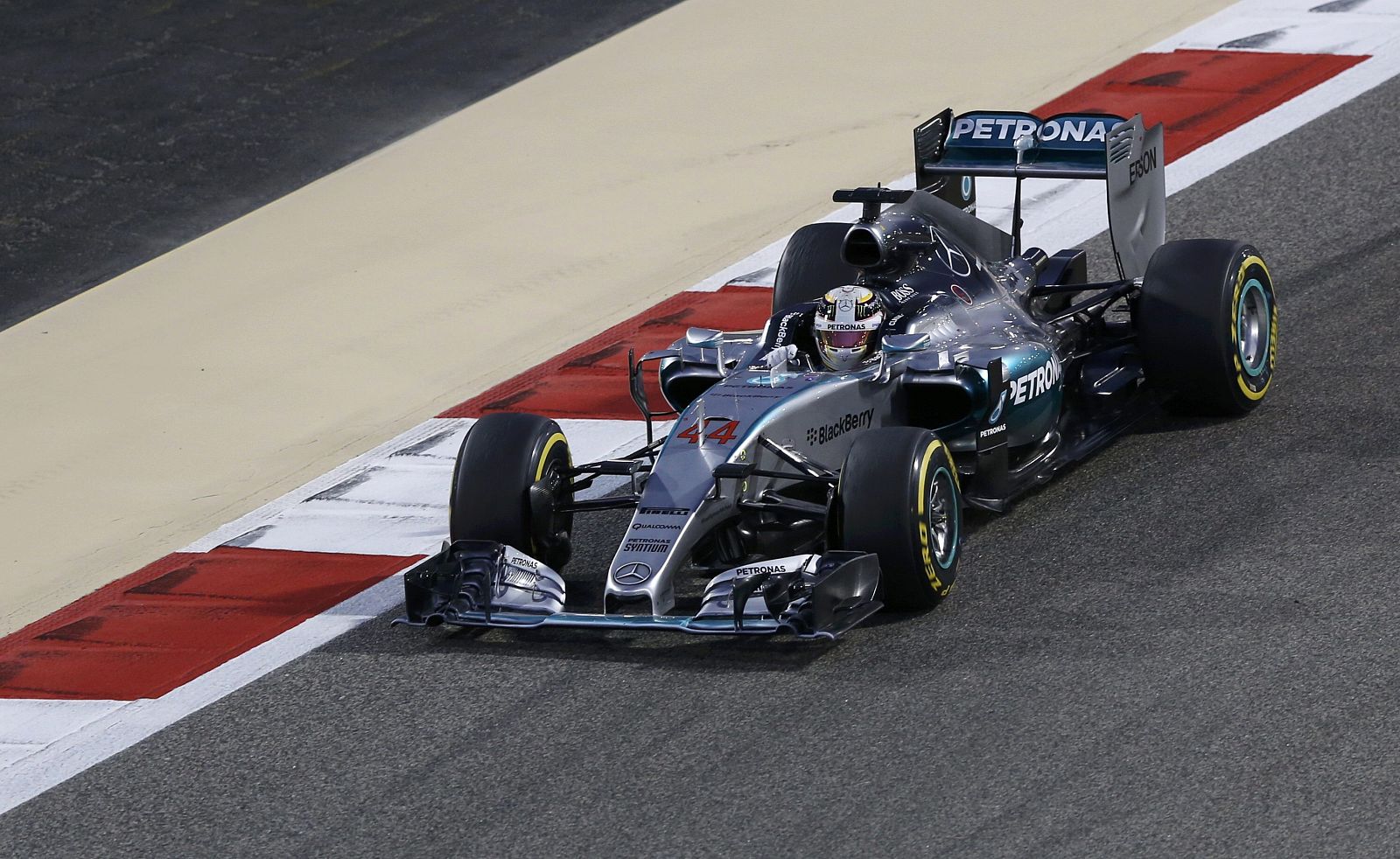 Mercedes Formula One driver Hamilton of Britain drives during Bahrain's F1 Grand Prix at Bahrain International Circuit