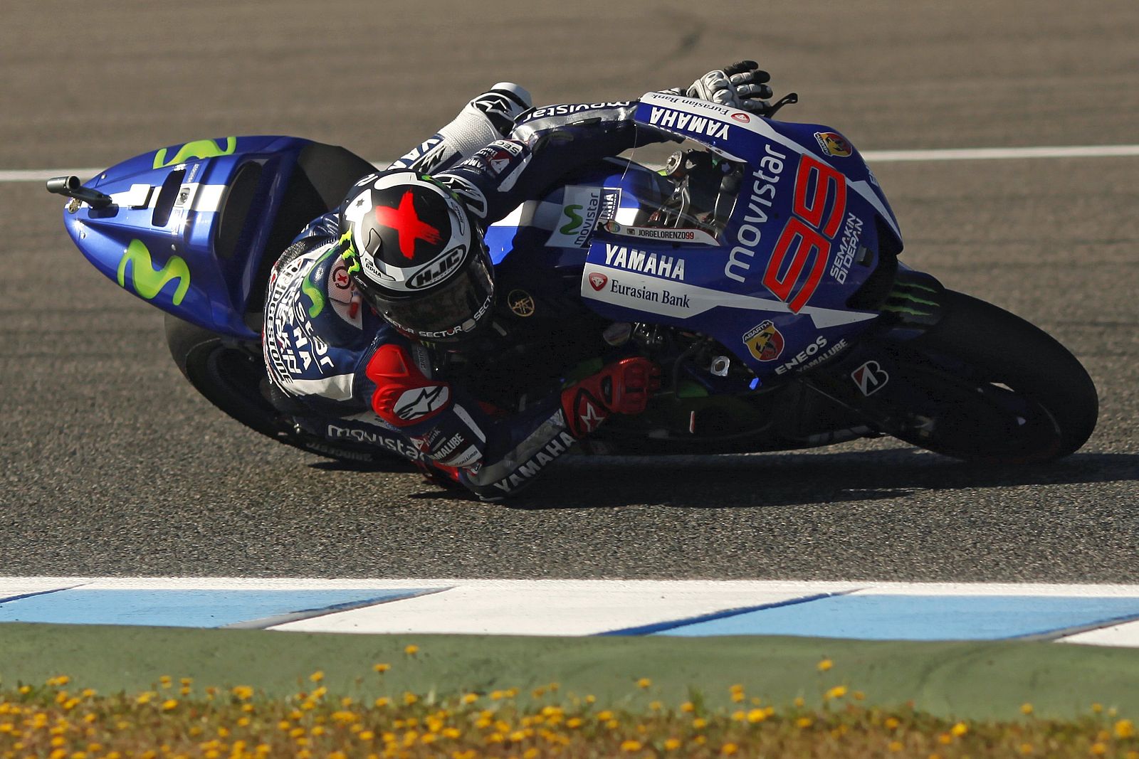 Yamaha MotoGP rider Lorenzo of Spain rides his bike during the third free practice session of the Spanish Grand Prix in Jerez de la Frontera