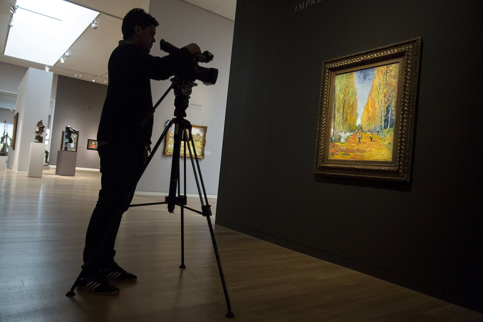 A person films Van Gogh's "L'AllÃ©e des Alyscamps", ahead of a preview event to Sotheby's upcoming evening's of impressionist, modern and contemporary art in the Manhattan borough of New York City
