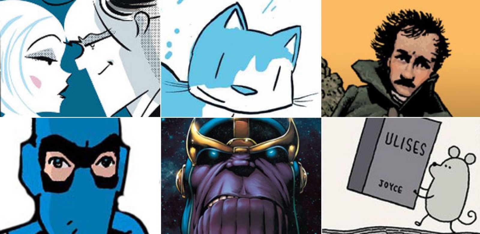 Imágenes de Adam Clarks (Dib>buks), Citas de gatos (Diábolo ediciones), Los espíritus de los muertos (Planeta Cómic) Jack Staff 3: Ecos del mañana (Aleta ediciones), Thanos: La revelación del infinito (Panini) y Todo el mundo tiene envidia de mi moch