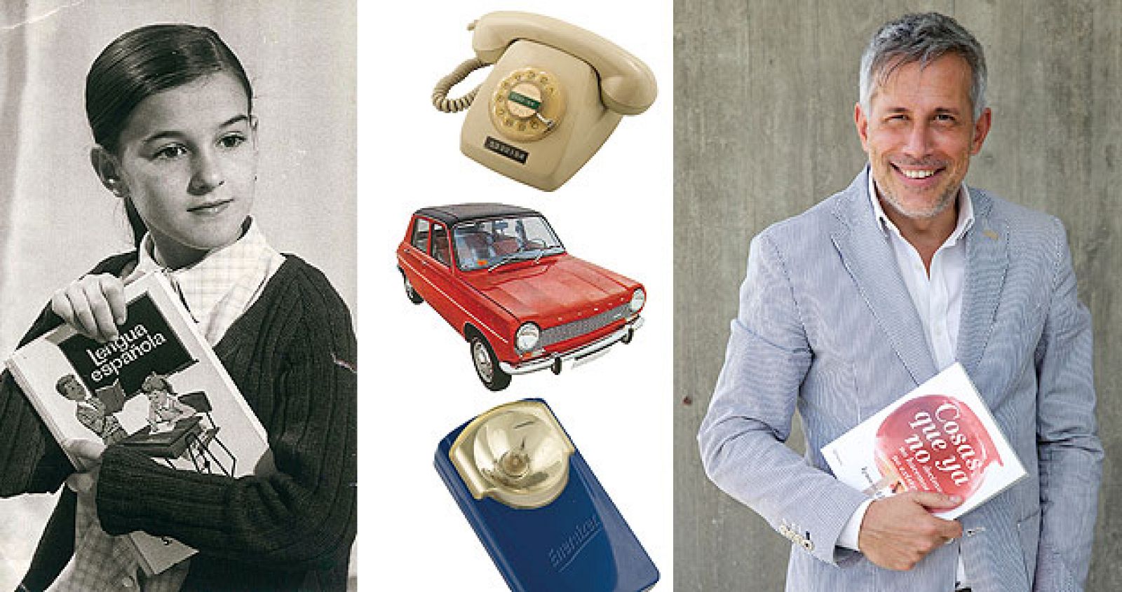 Fotomontaje de Ignacio Elguero con su libro  'Cosas que ya no' y alguna de las ilustraciones que aparecen en él