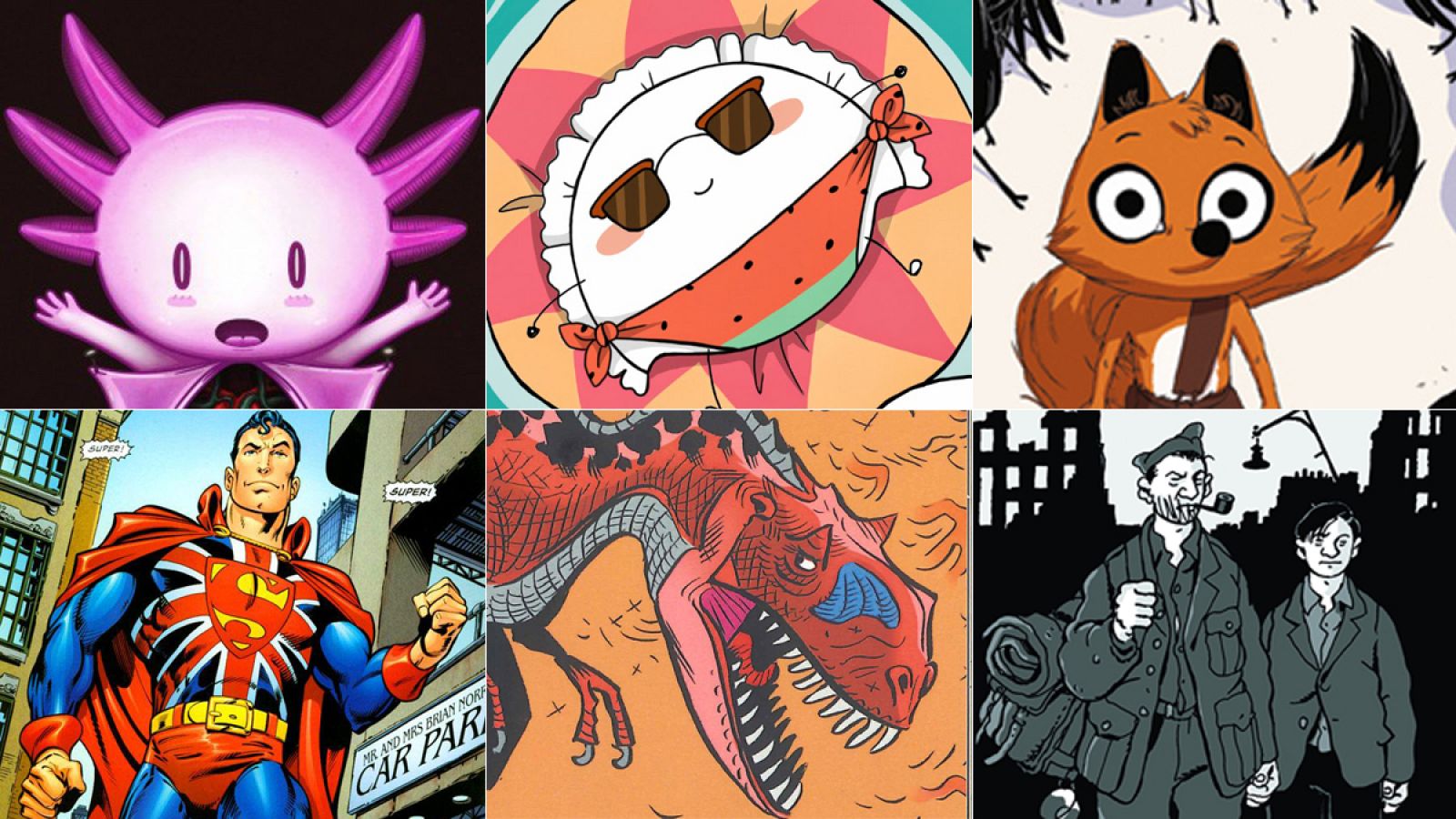 Imágenes de Axolot, Croqueta y empanadilla 2, Pistuví. El país de los grandes pájaros, Superman: Un auténtico héroe británico, Un paseo por Dinosaurland y Yo, René Tardi. Prisionero de guerra en Stalag IIB 2: Mi regreso a Francia