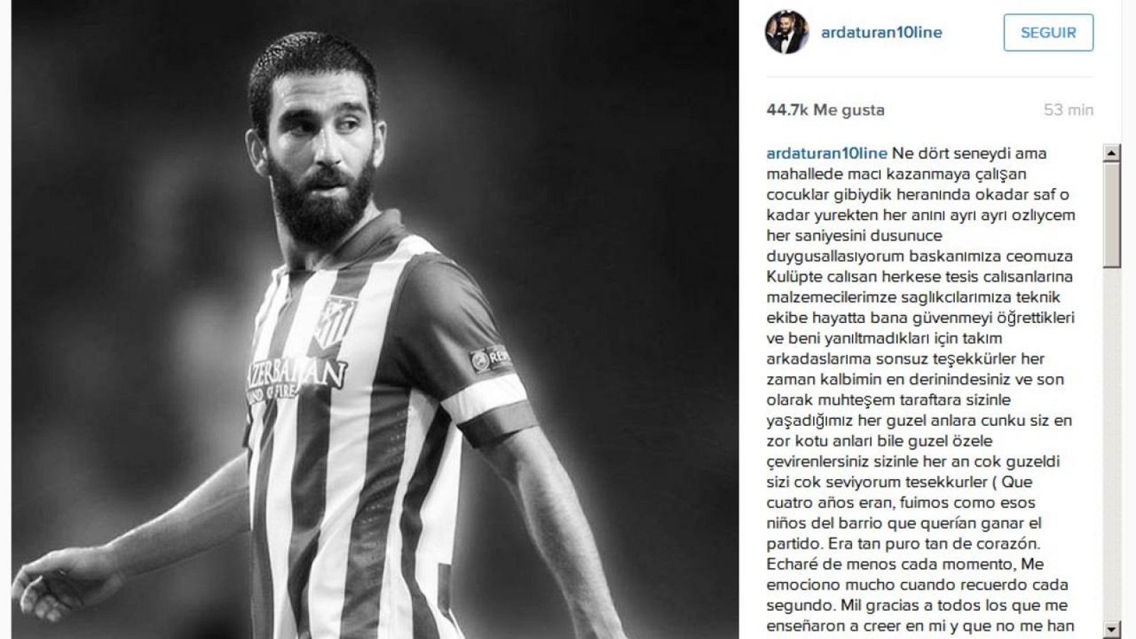 Turan agradece al Atlético sus cuatro años en el club