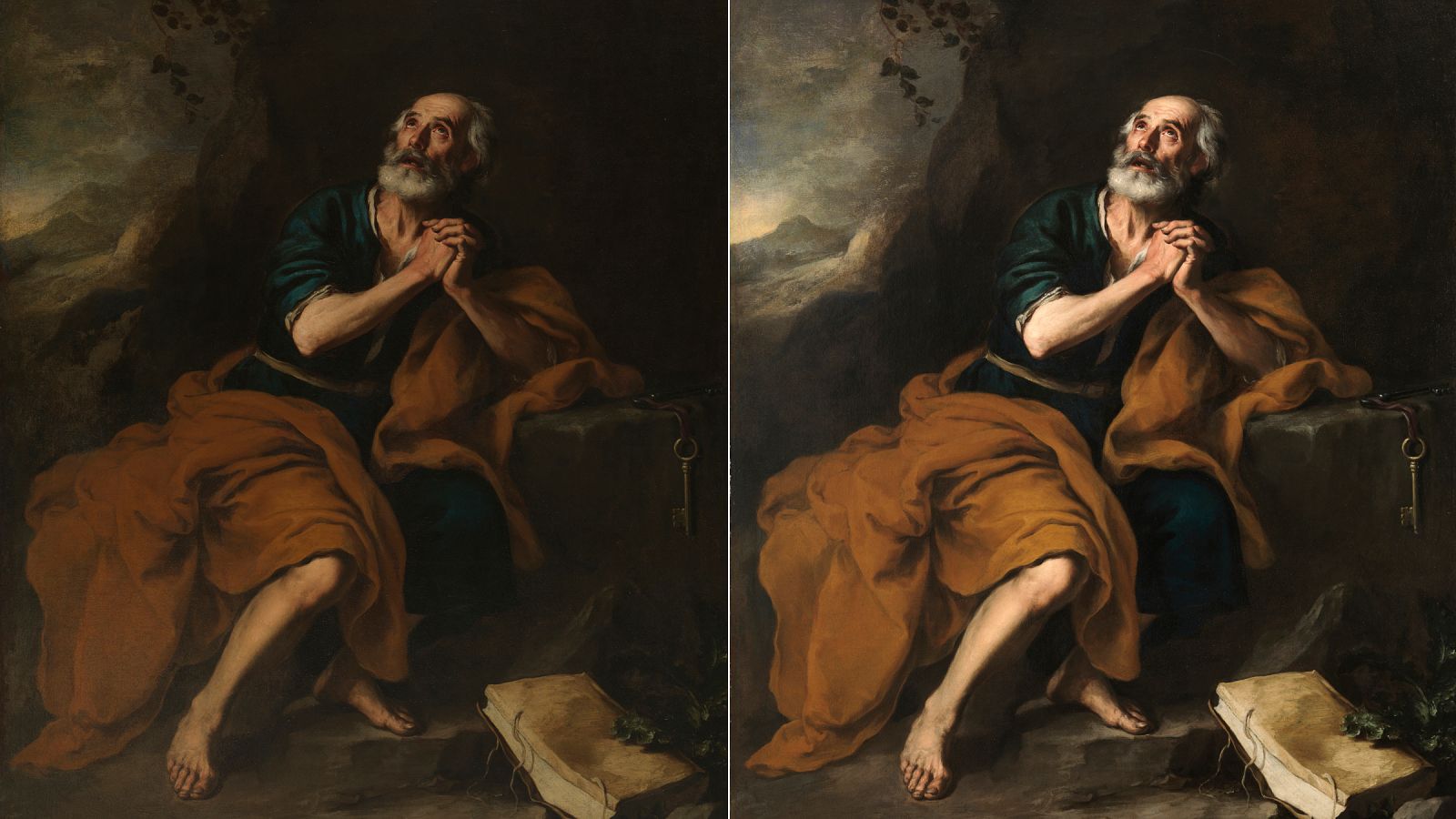 El 'San Pedro penitente de los Venerables' (h. 1675), de Murillo, antes (izqda) y después (dcha) de la restauración.