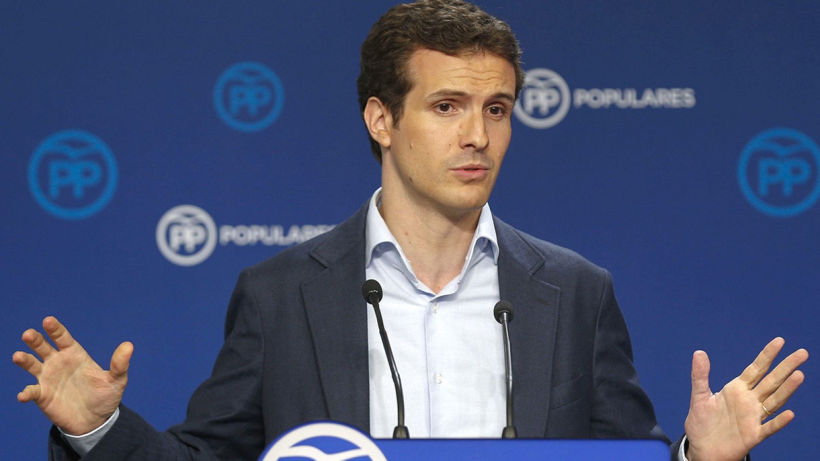 El vicesecretario de Comunicación del PP, Pablo Casado, durante la rueda de prensa tras la reunión del Comité de Dirección del partido