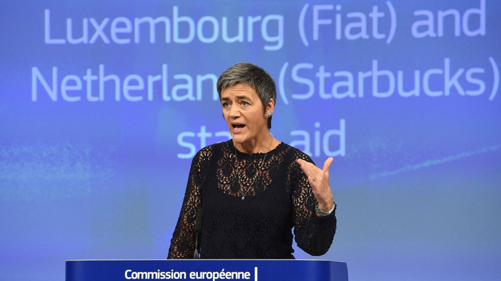 La comisaria de Competencia, Margrethe Vestager, durante la rueda de prensa de este miércoles