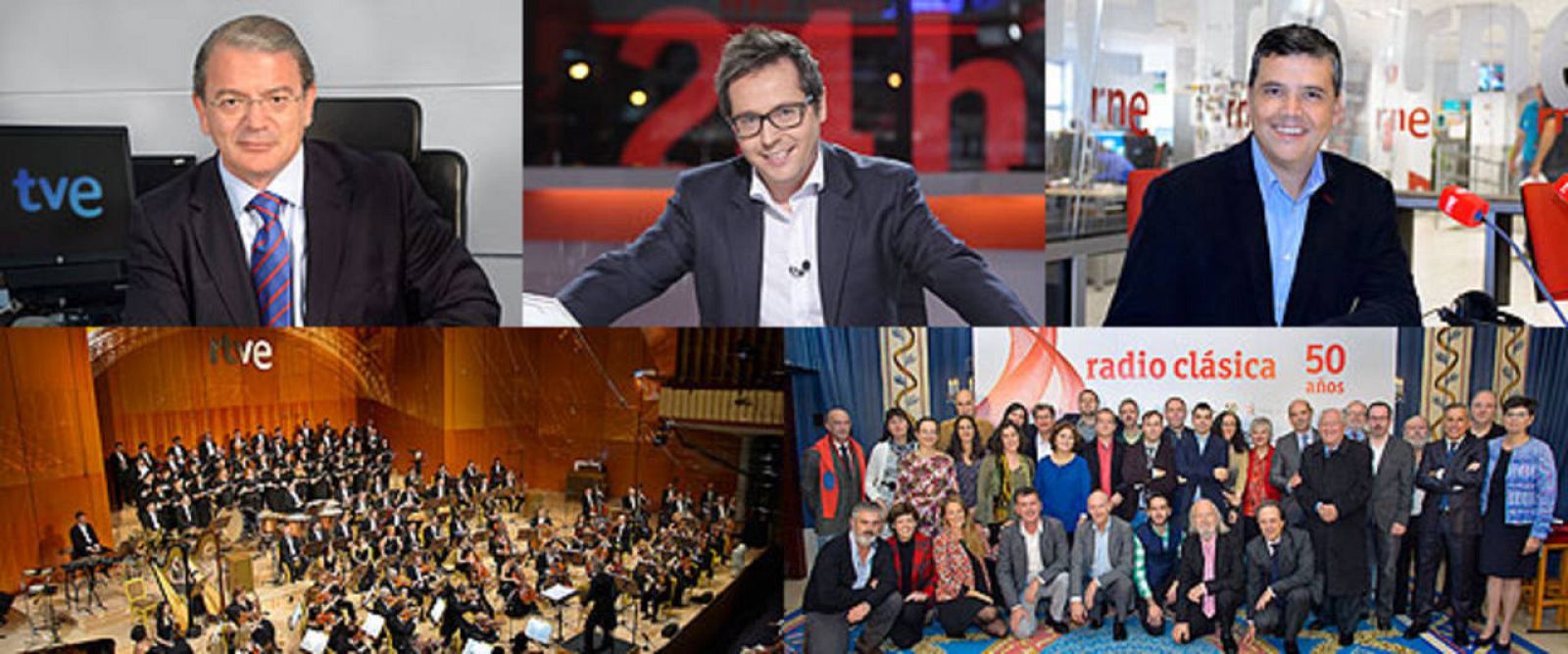 En la parte de arriba, José Ramón Díez, director de TVE; Sergio Martín, director del Canal 24 Horas; y Alfredo Menéndez, director de 'Las mañanas de RNE'; y en la parte de abajo, la Orquesta y Coro RTVE y el equipo de Radio Clásica