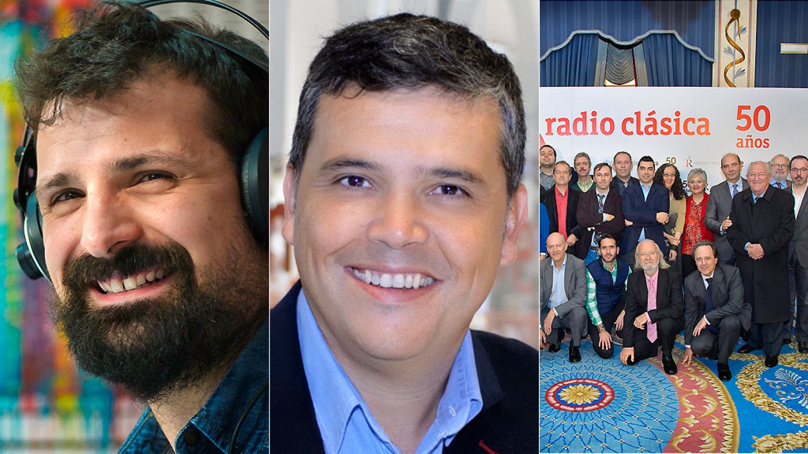 Ángel Carmona, Alfredo Menéndez y una imagen de la presentación de la 50ª temporada de Radio Clásica.