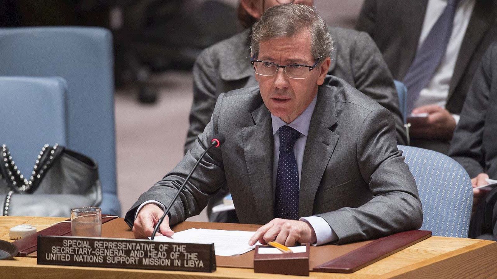 El enviado especial de la ONU para Libia, Bernardino León, habla ante el Consejo de Seguridad de Naciones Unidas en Nueva York (EE.UU.)