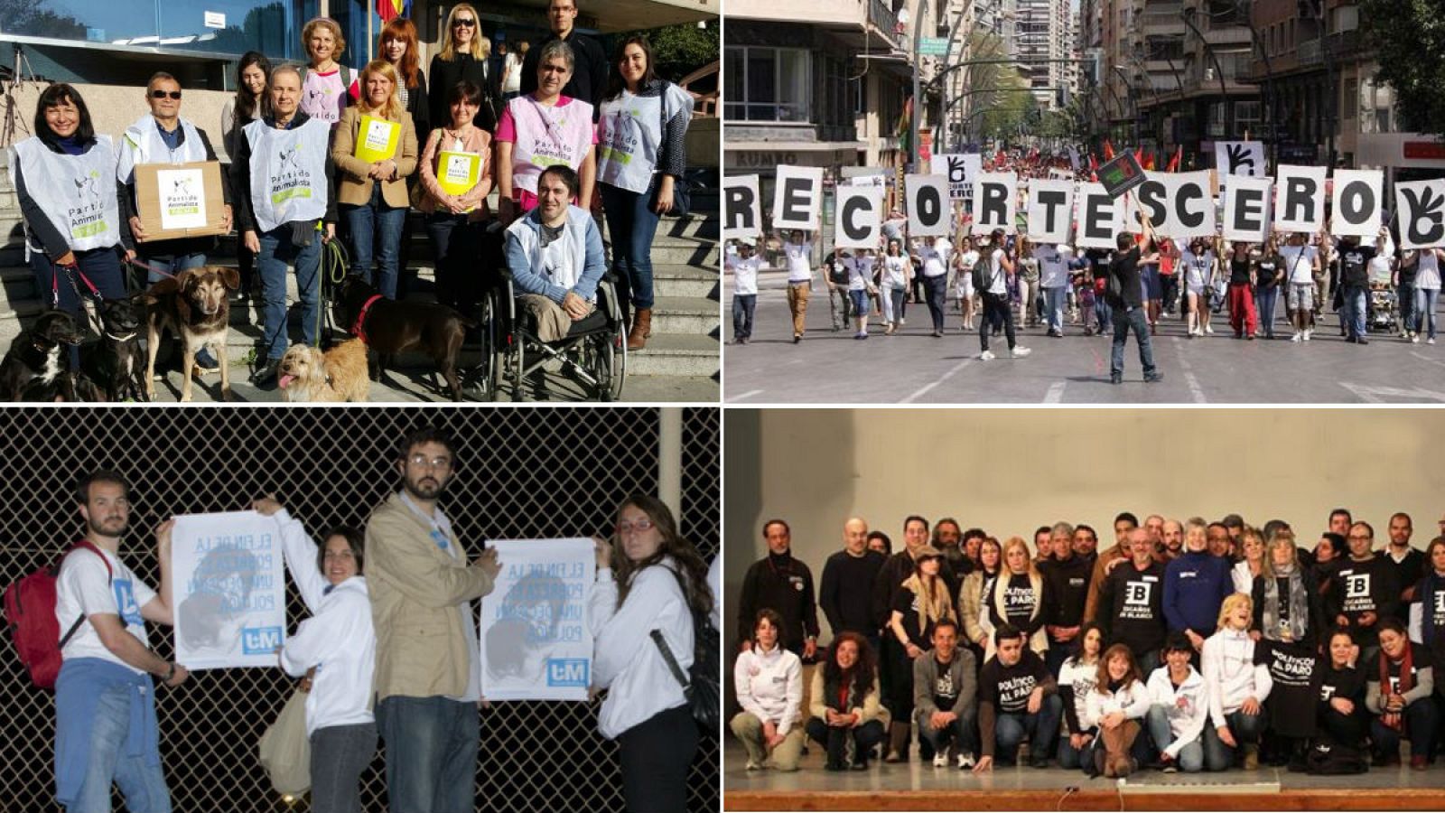 Candidatos de PACMA (arriba izquierda), Recortes Cero en una marcha (foto de Pepe Sáez), Por un mundo+justo y los ya clásicos Escaño en blanco.