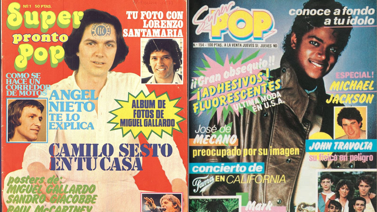 Portadas de 'Súper Pop': la del número 1, con Camilo Sesto (izq) y la del 175, con Michael Jackson.
