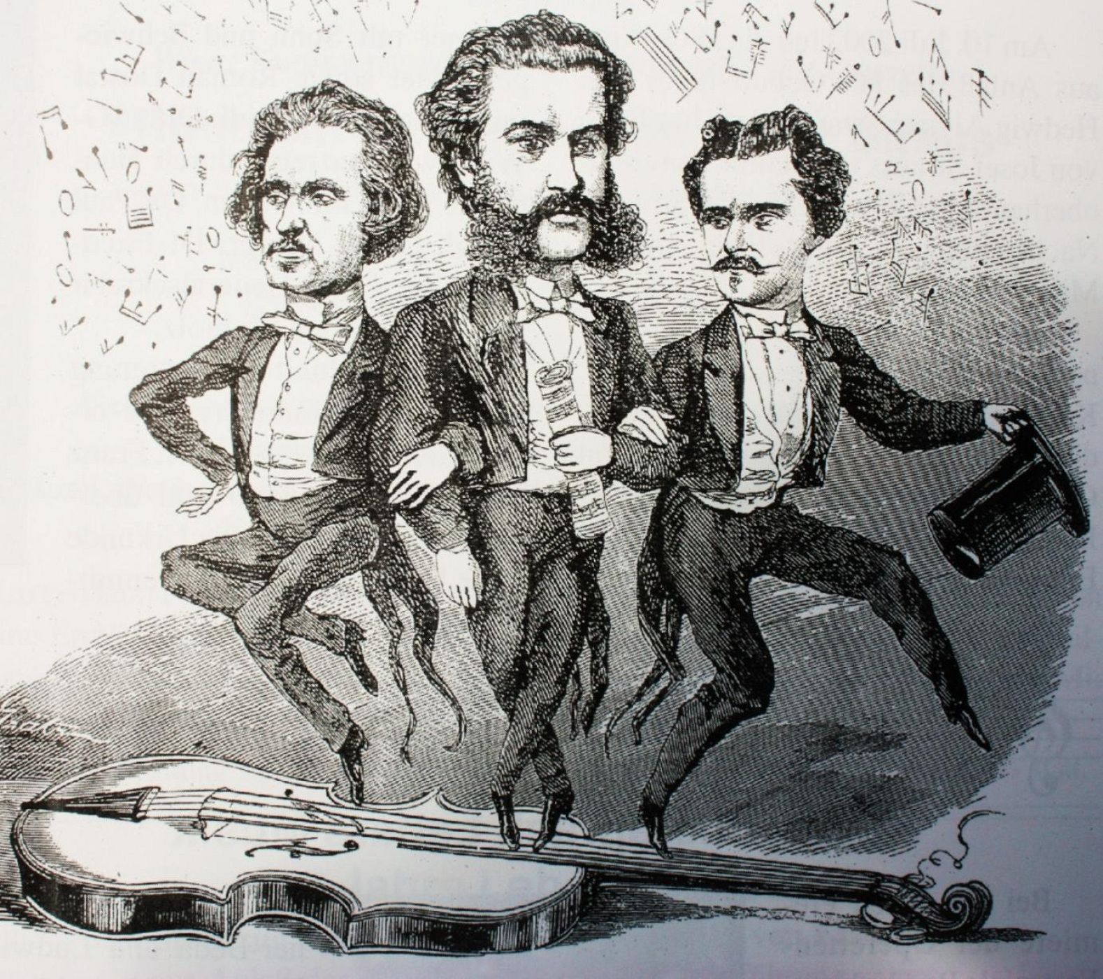 Johann, el patriarca de la dinastía Strauss, junto a dos de sus hijos, Josef y Eduard, en una caricatura de la época