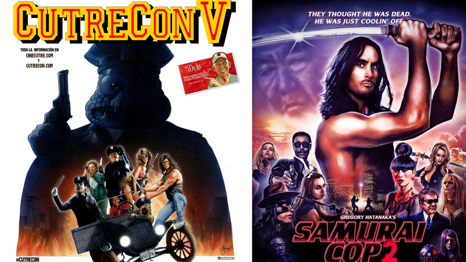 Póster oficial de la CutreConV y cartel de una de las películas que se estrenará en Europa en el festival, 'Samurai Cop 2: Deadly Vengeance'