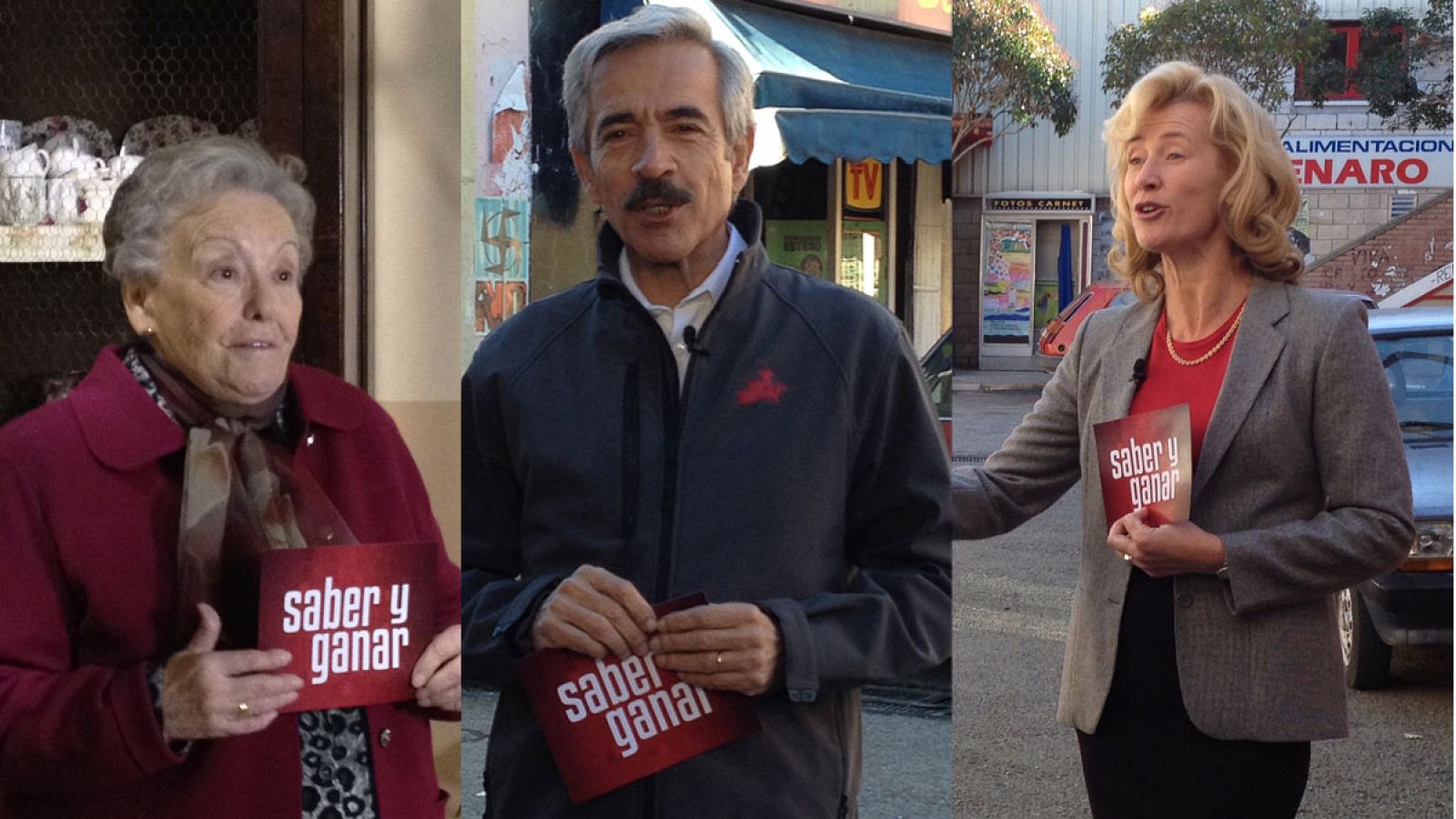 Herminia, Antonio y Mercedes con tarjetones de Saber y Ganar