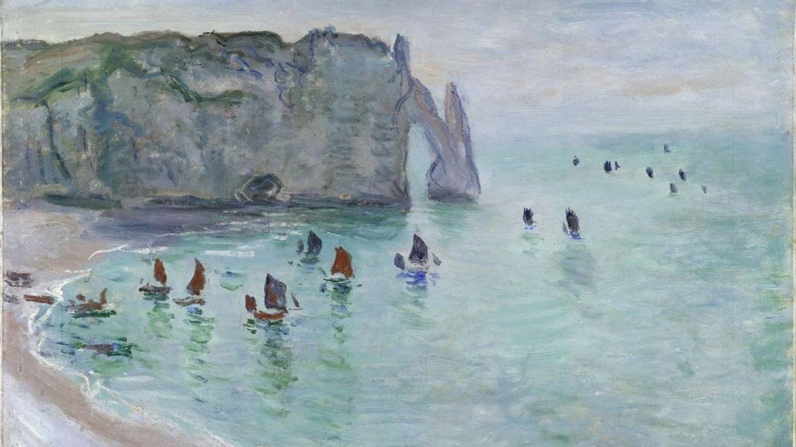 'Étretat. La porte d'Aval, bateaux de pêche sortant du port', (sobre 1885) Claude Monet. Musée des Beaux-Arts, Dijon.