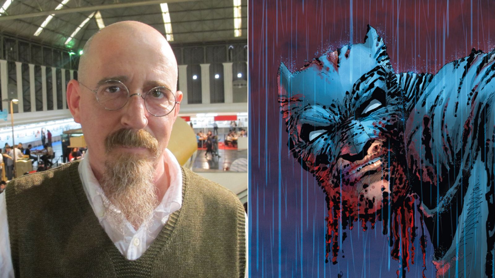 Brian Azzarello y una imagen de 'El Caballero Oscuro III'