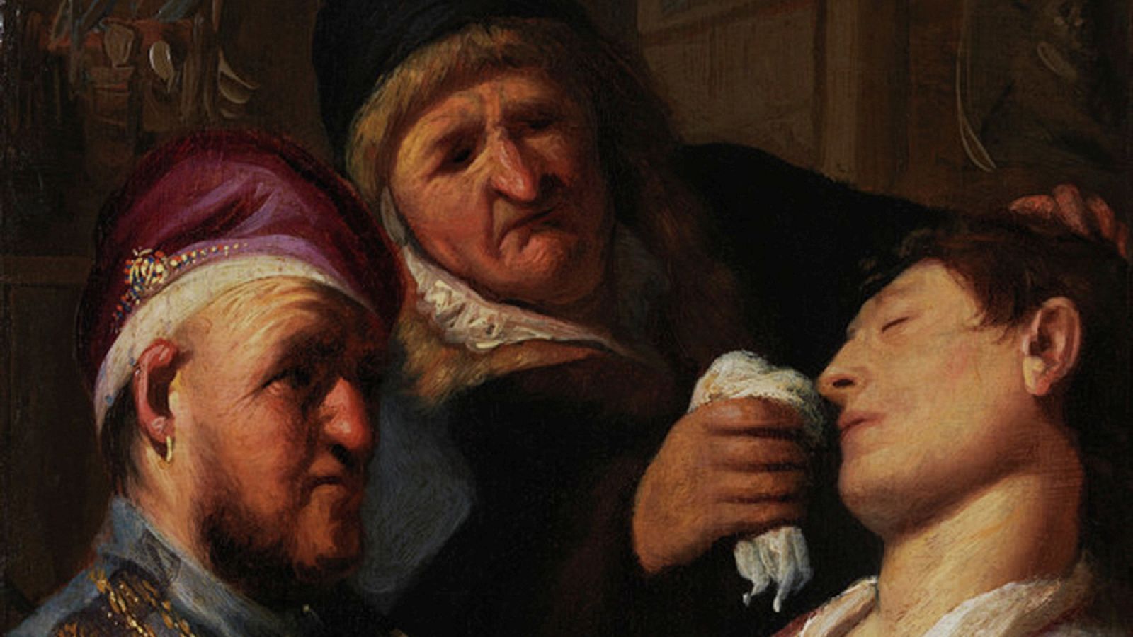 "El paciente inconsciente (una alegoría del sentido del olfato)". Rembrandt (1624).