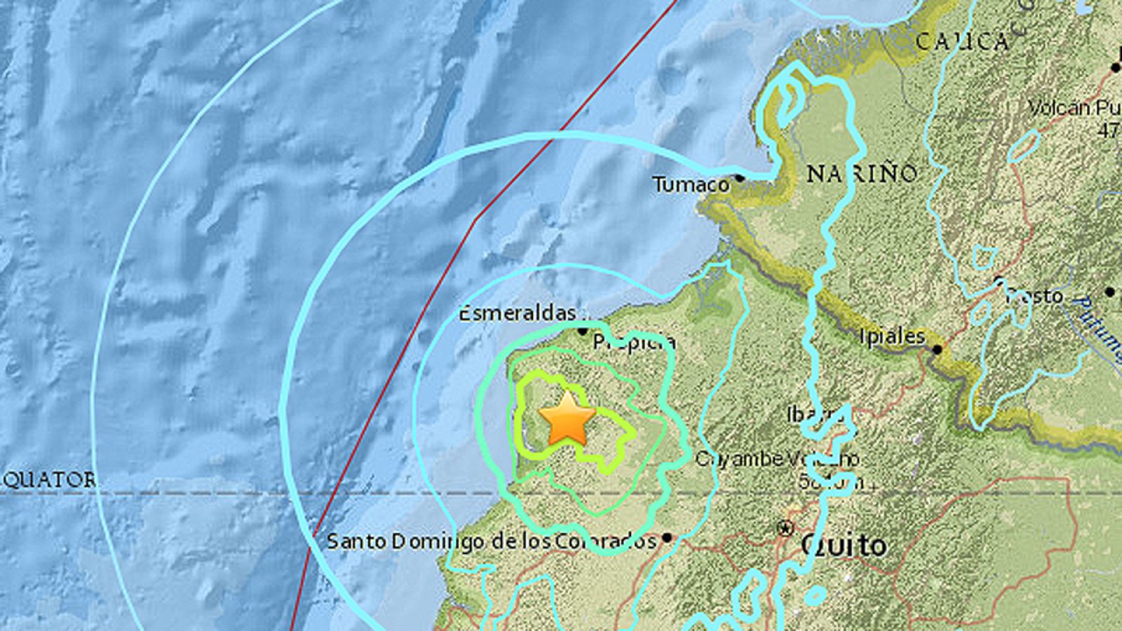 Mapa con la ubicación del epicentro del terremoto de magnitud 6.7 en Ecuador. Fuente: Servicio Geológico de EE.UU. (USGS)