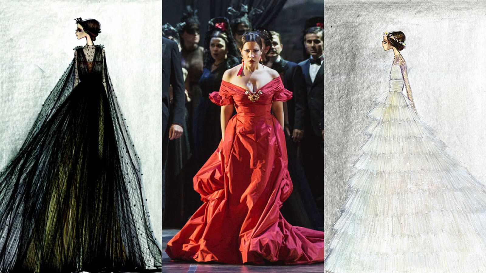 Bocetos y vestido para la Traviata realizados por Valentino.