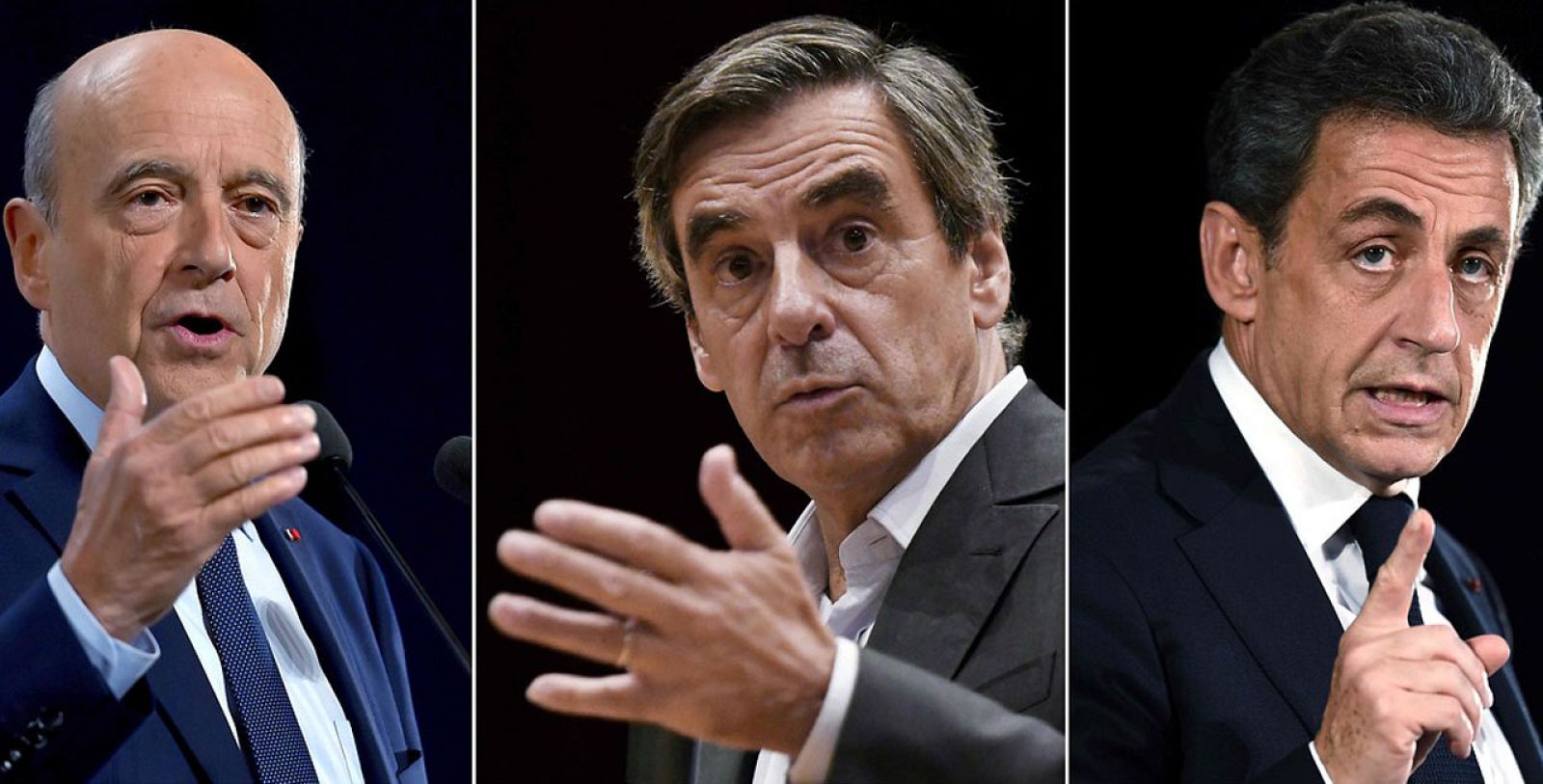 Los candidatos con más posibilidades en las primarias de Los Republicanos, el partido de la derecha francesa: de izquierda a derecha, Alain Juppe; Francois Fillon y Nicolas Sarkozy