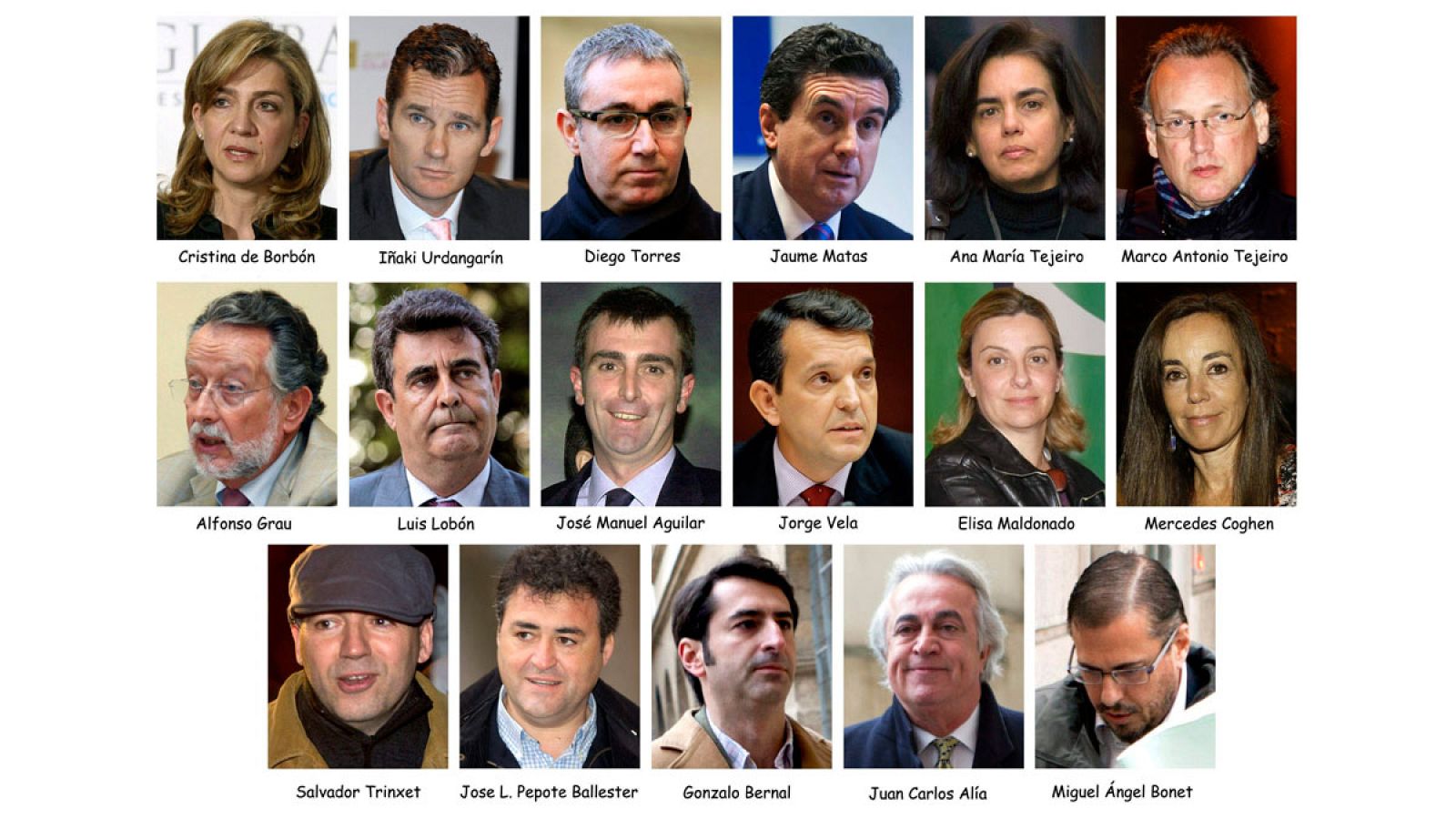 Combo que muestra a los 17 acusados del 'caso Nóos' en imágenes de archivo