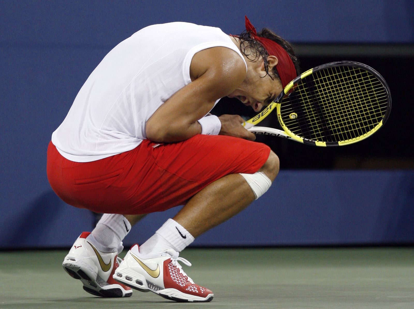 Nadal of Spain celebrates match point against Fish of U.S. at U.S. Open tennis tournament in New York