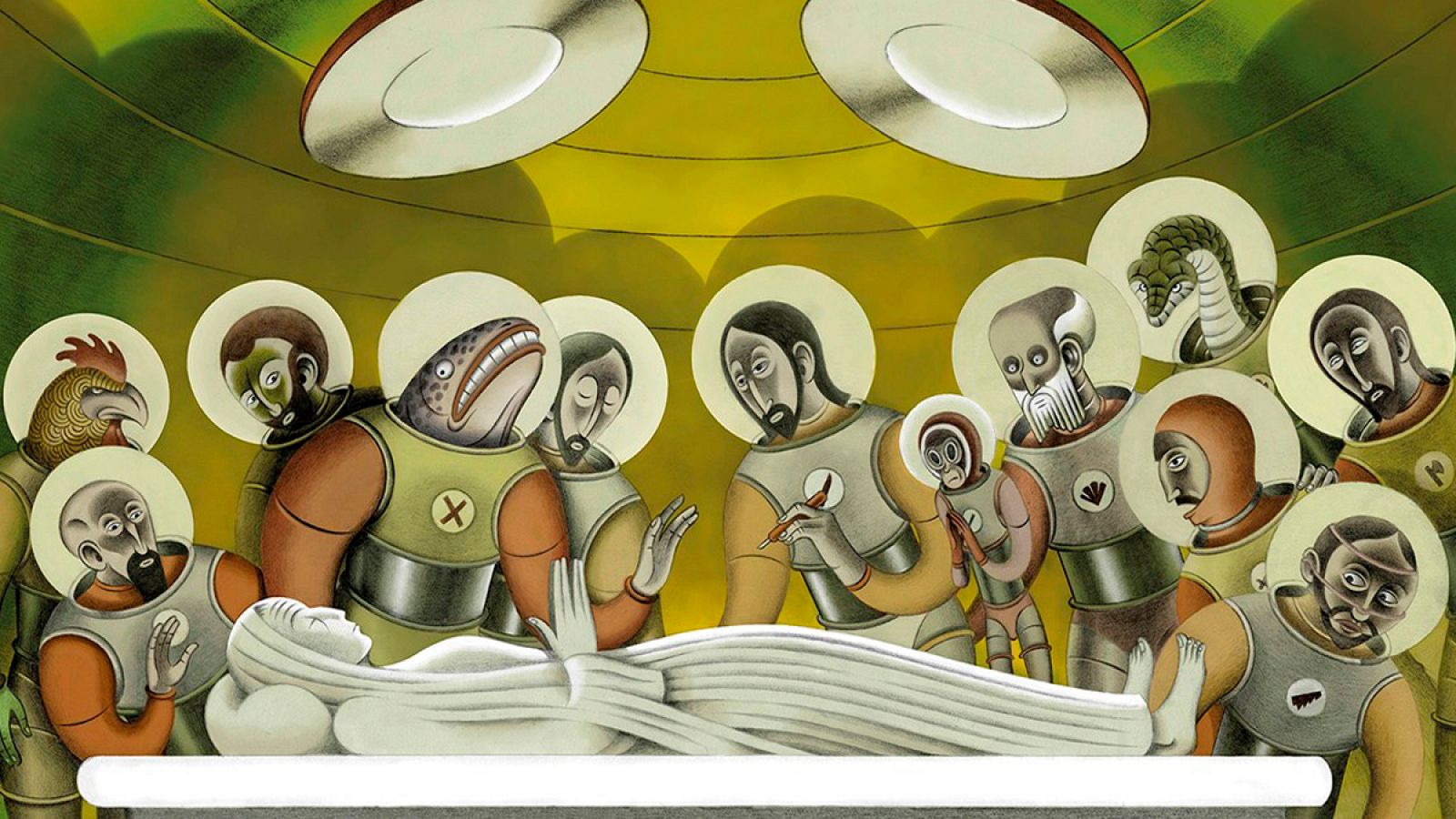 Reinterpretación apócrifa, de Lindhart, del sarcófago de la Virgen, con los apóstoles