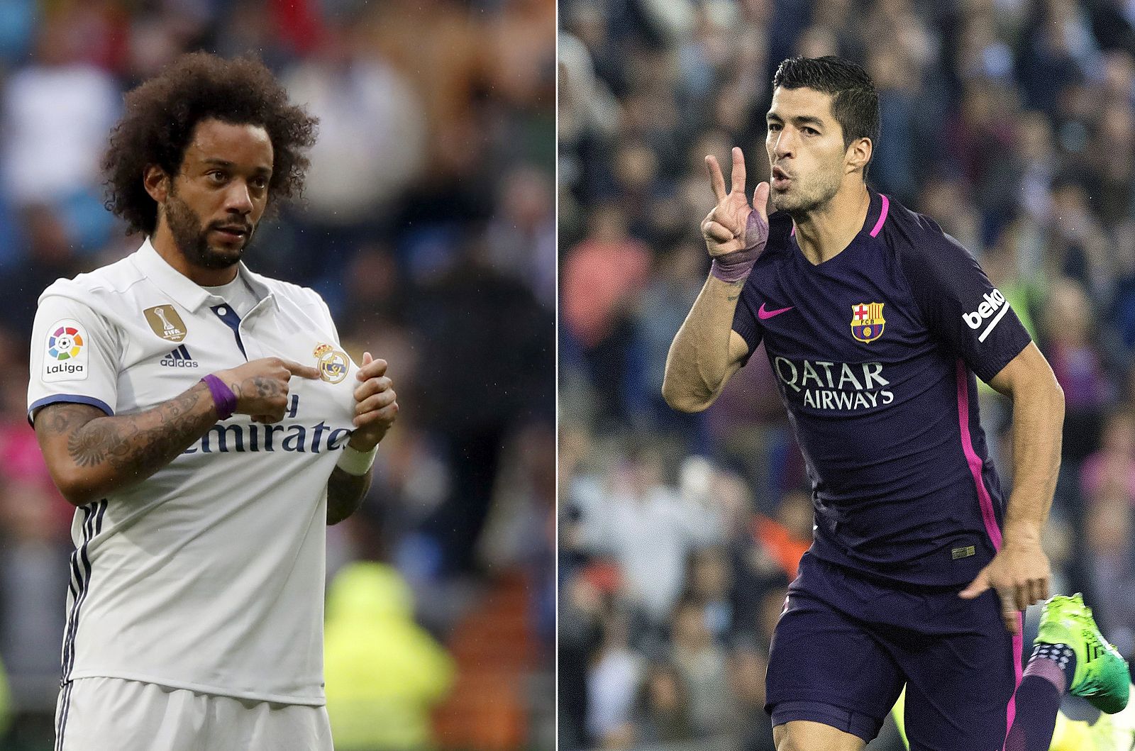 Imagen de Marcelo y Luis Suárez celebrando sus respectivos goles en la jornada 35.