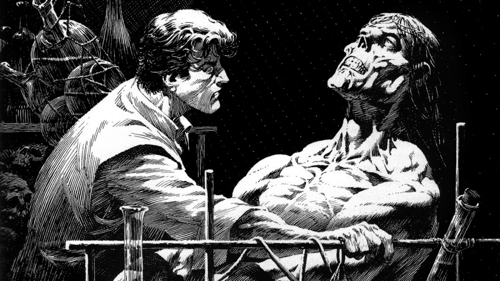 Fragmento de una ilustración de Wrightson par 'Frankenstein'