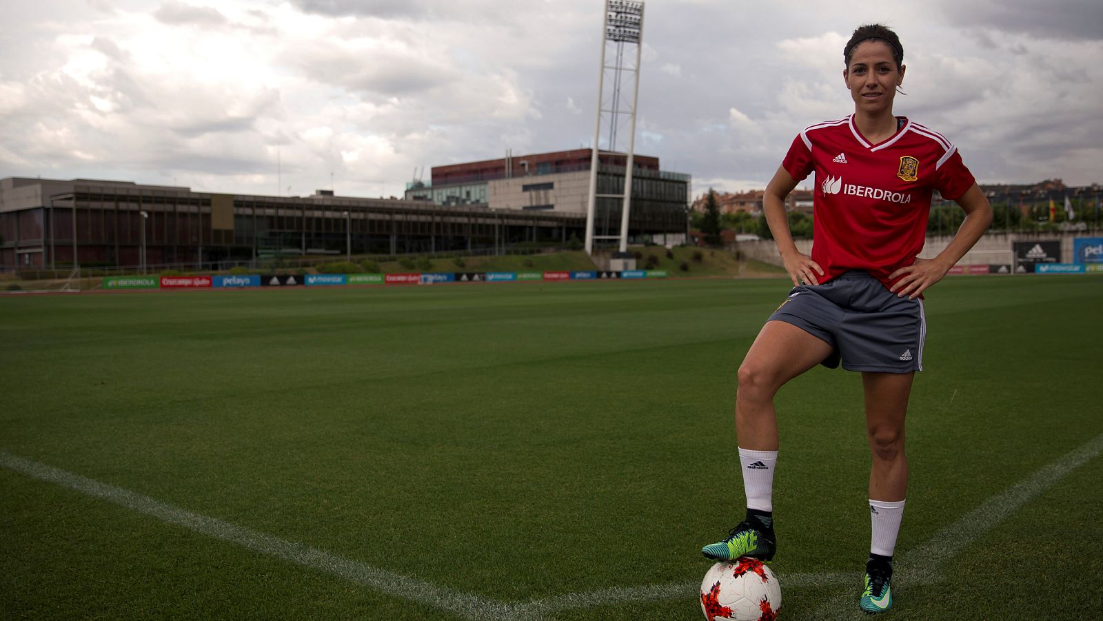 Spain's national soccer team Vicky Losada poses after a training session prior to the upcoming Women's European Championship in Las Rozas