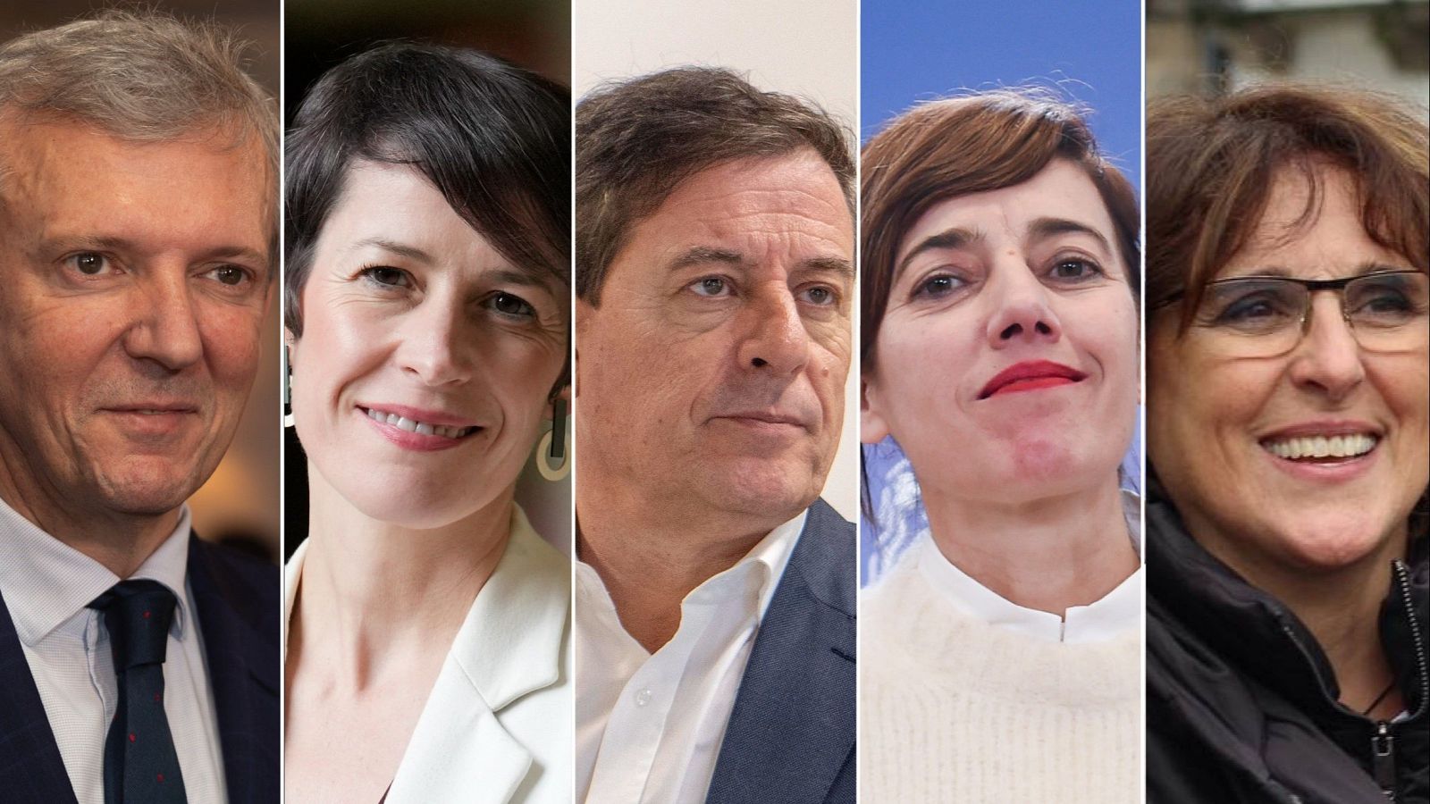De izquierda a derecha: los candidatos Alfonso Rueda (PP), Ana Pontón (BNG), José Ramón Gómez Besteiro (PSdeG), Marta Lois (Sumar) e Isabel Faraldo (Podemos)