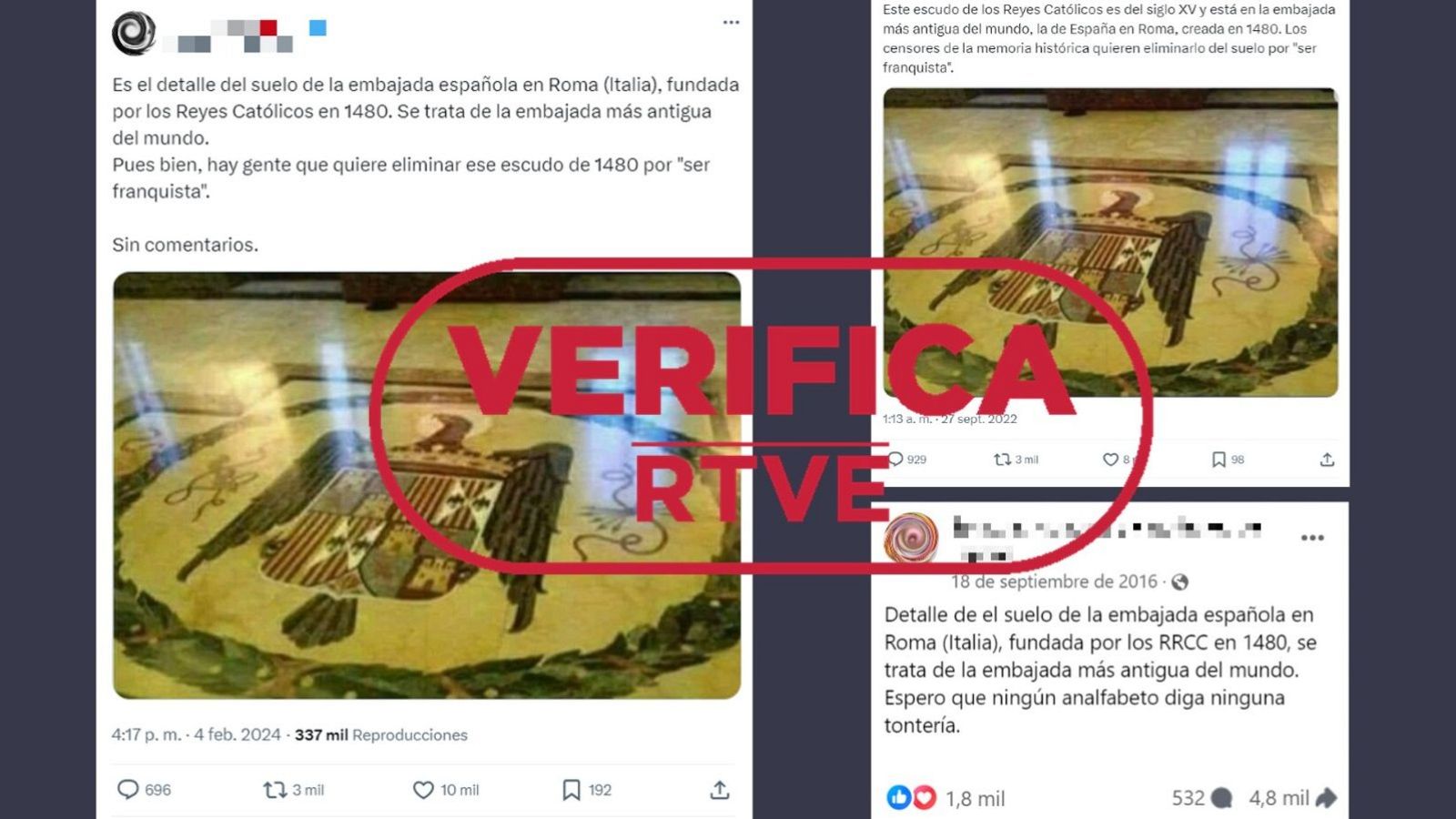 Es el escudo de los Reyes Católicos en la Embajada de España ante la Santa Sede, no un símbolo franquista