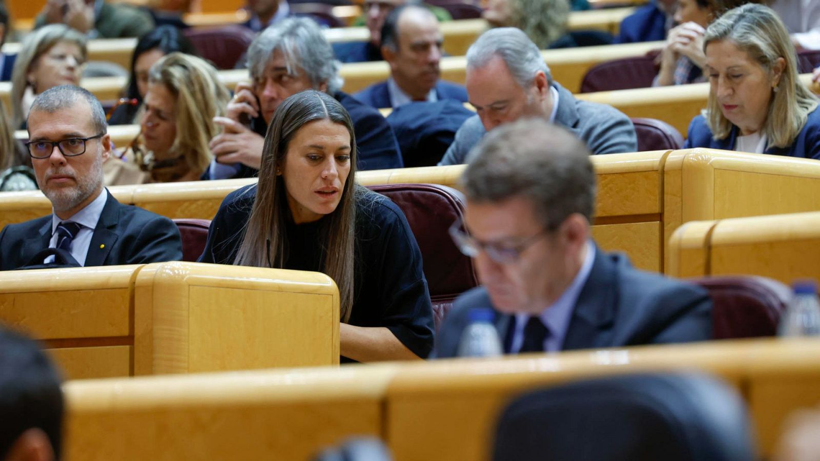 La portavoz de Junts en el Congreso, Miriam Nogueras, en una sesión parlamentaria, a pocos pasos del líder del PP, Alberto Núñez Feijóo.
